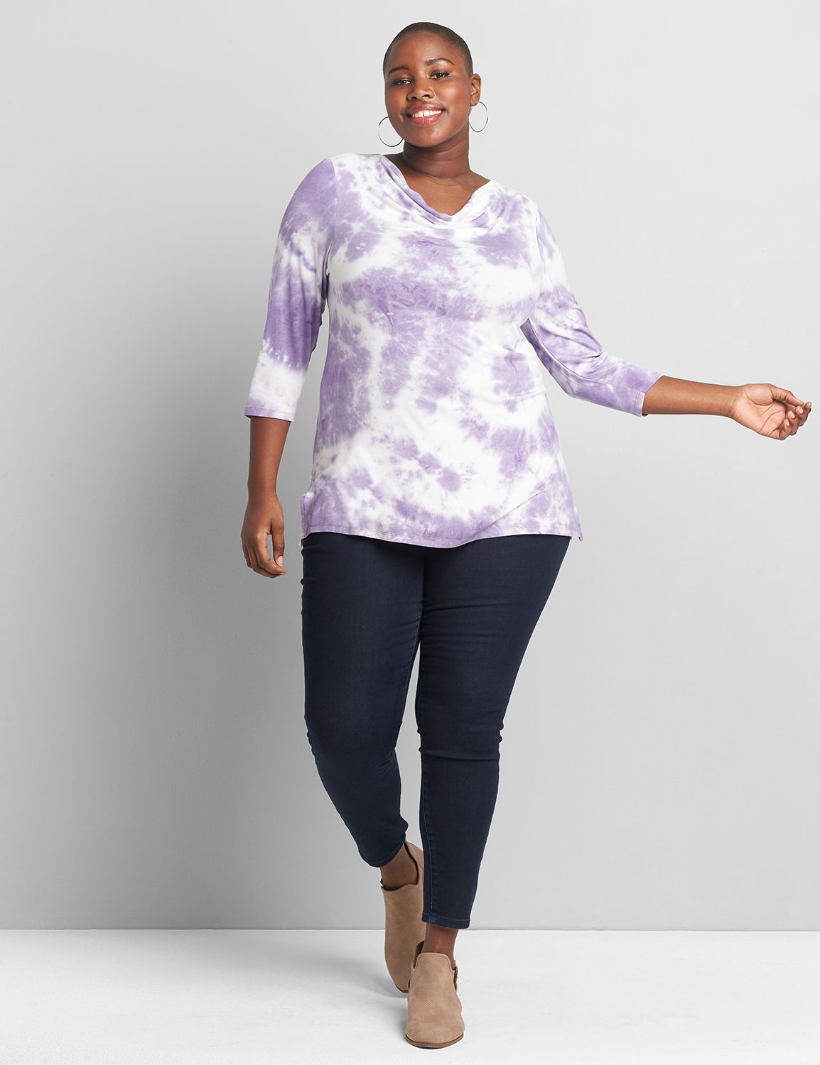Three Quarter Sleeve Drape Neck Tee with Dye Effect 1119227:PANTONE Daybreak:22/24 Product Image 3