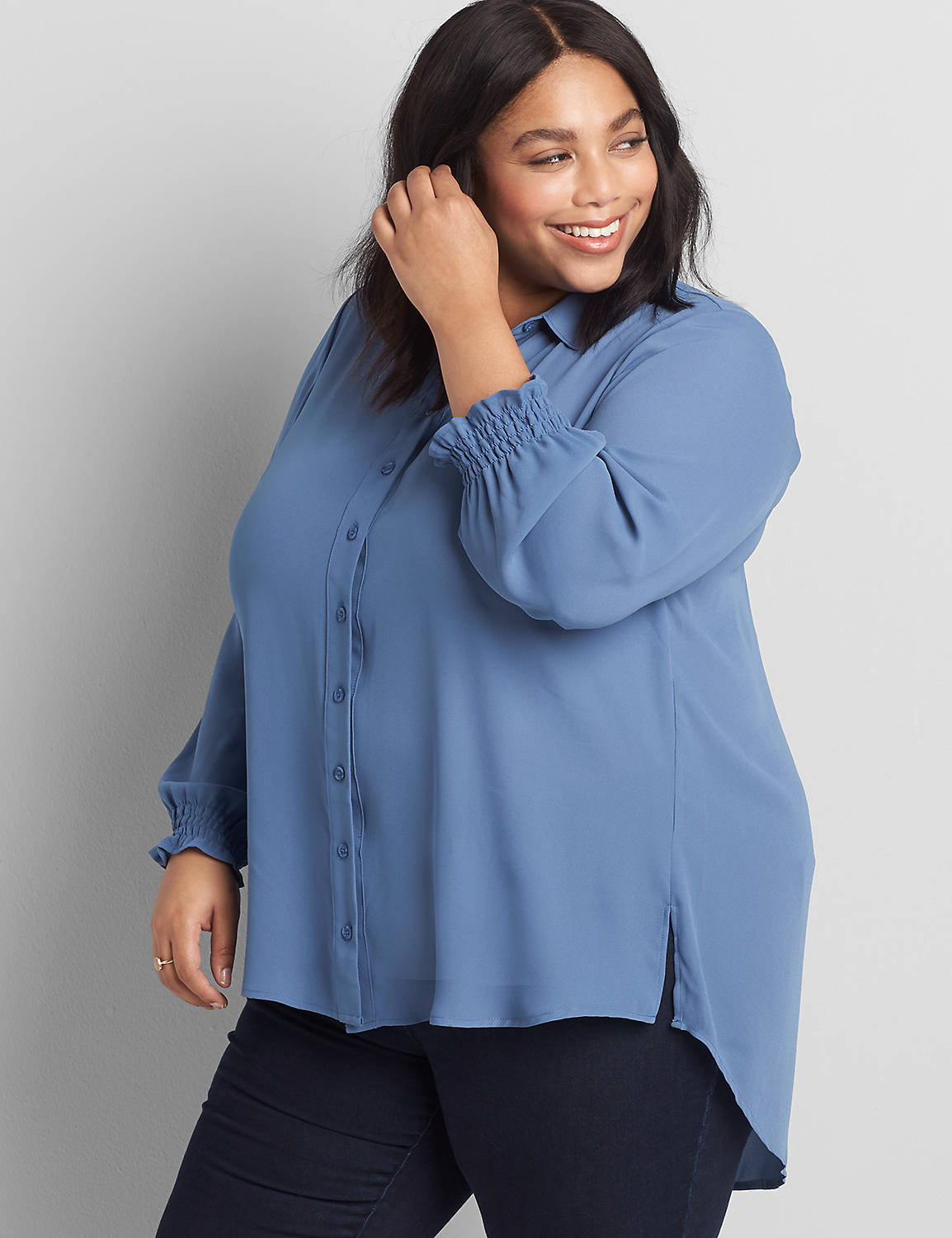 Long Sleeve Button Front Smock Cuff Soft Shirt 1118316:PANTONE Moonlight Blue:10/12 Product Image 1