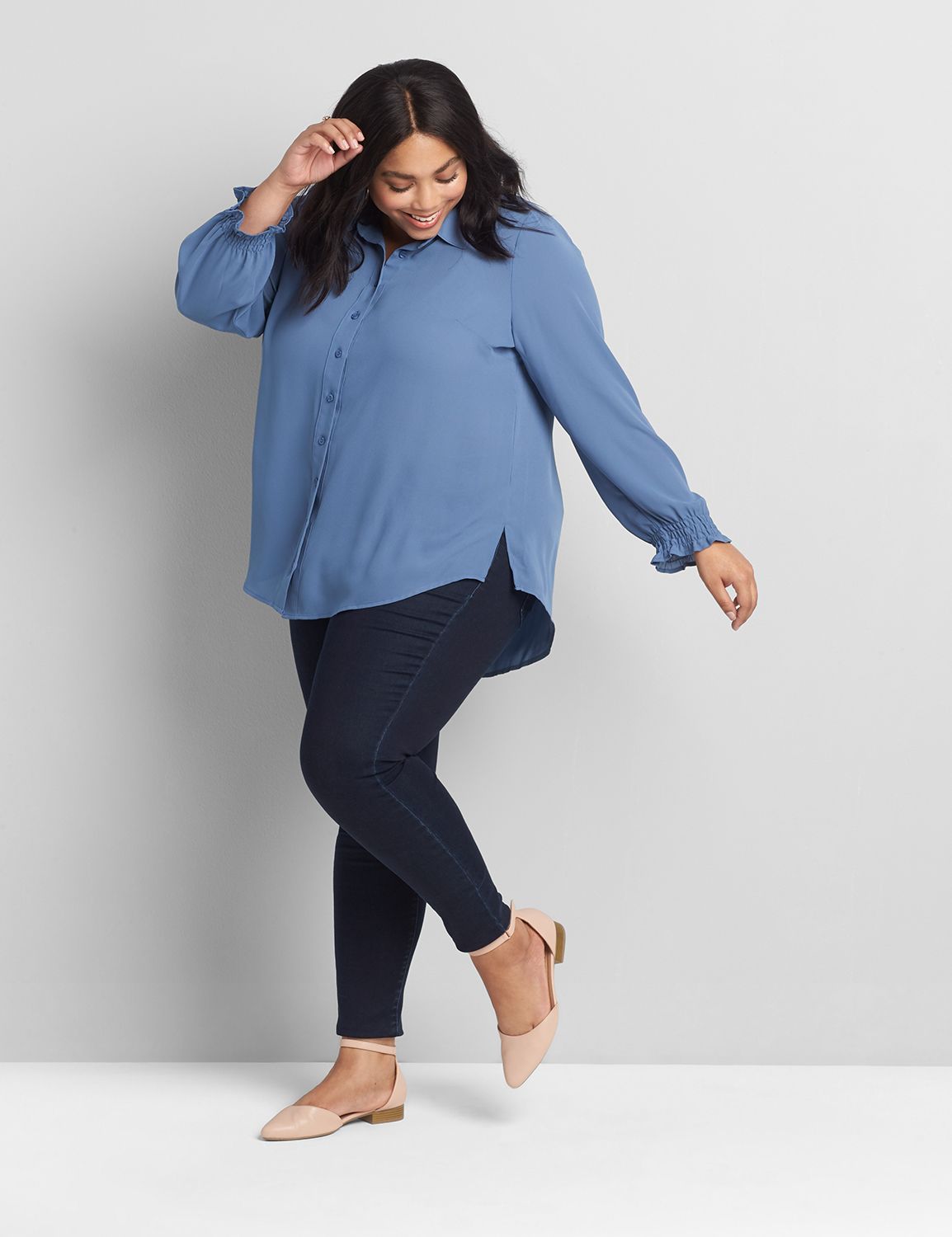 Long Sleeve Button Front Smock Cuff Soft Shirt 1118316:PANTONE Moonlight Blue:10/12 Product Image 3