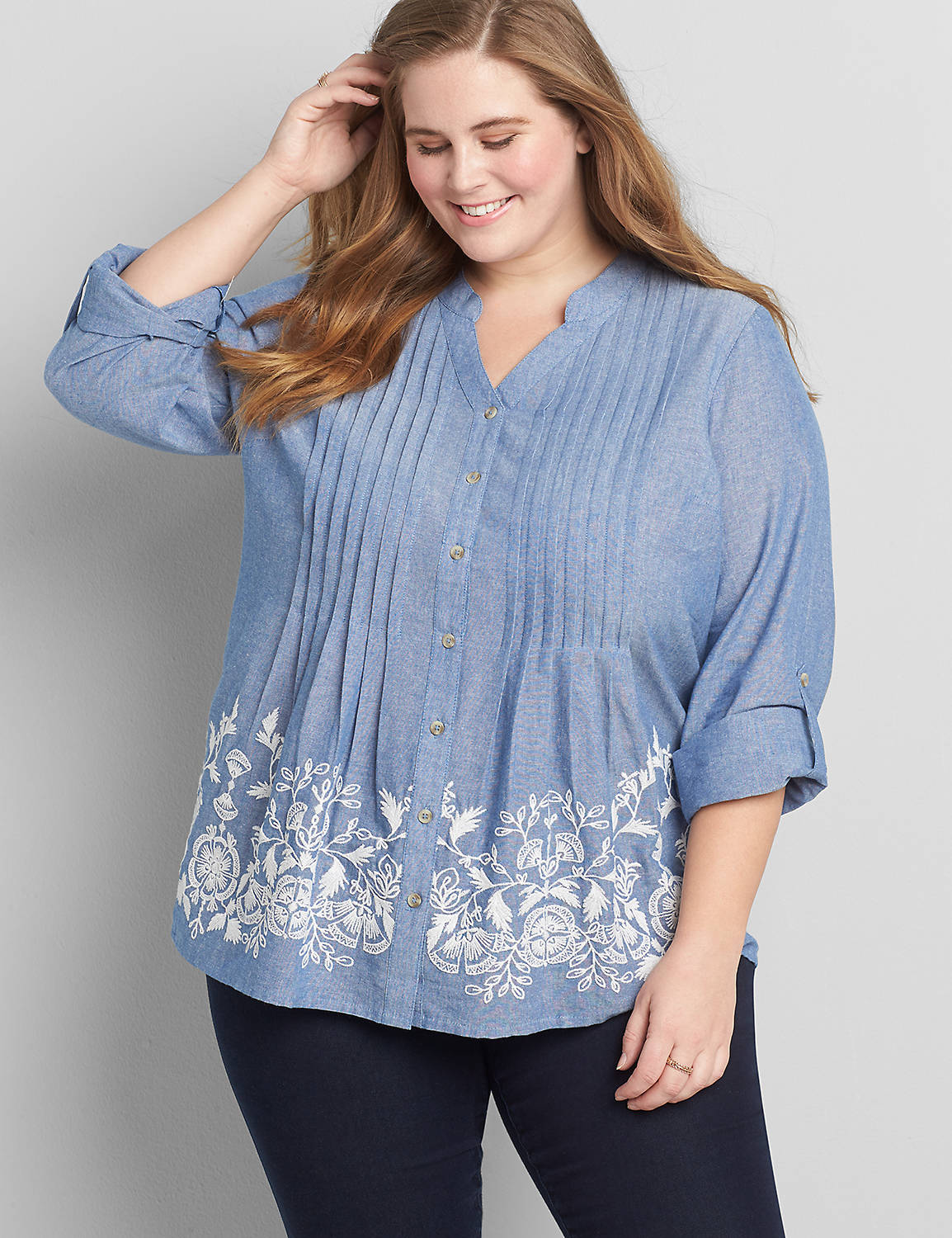 Long Sleeve Split Neck Button Front Embroidery Detail Blouse 1119390:Chambray:26/28 Product Image 1