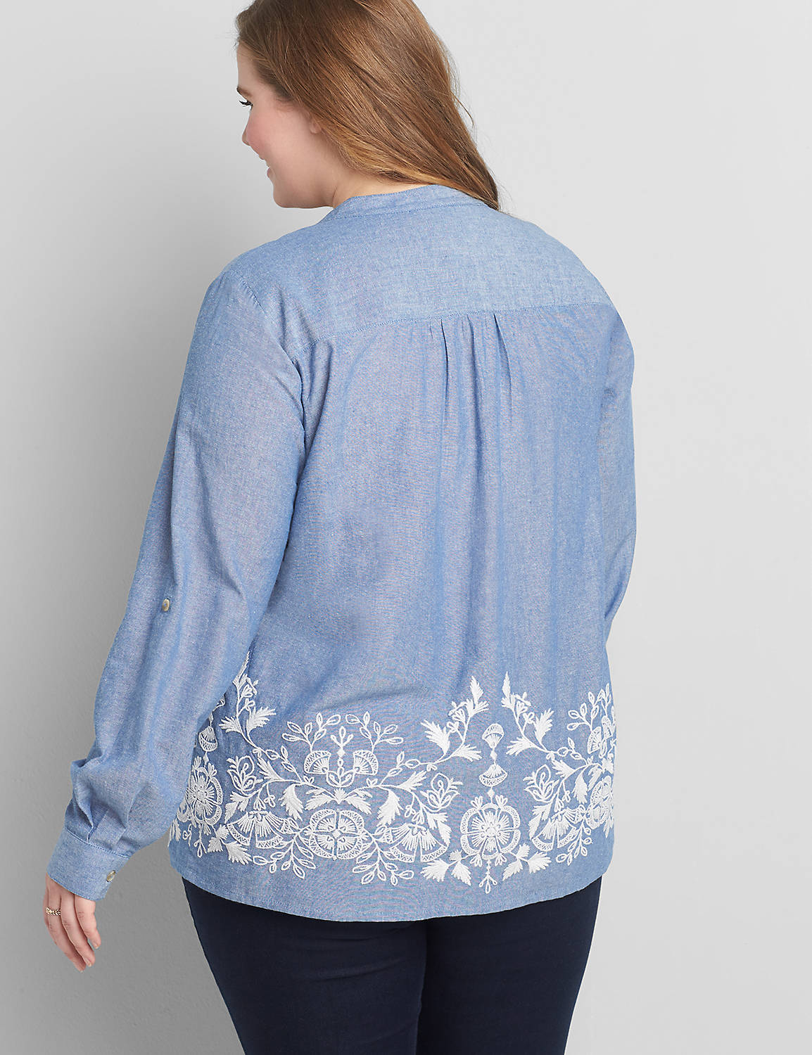 Long Sleeve Split Neck Button Front Embroidery Detail Blouse 1119390:Chambray:26/28 Product Image 2