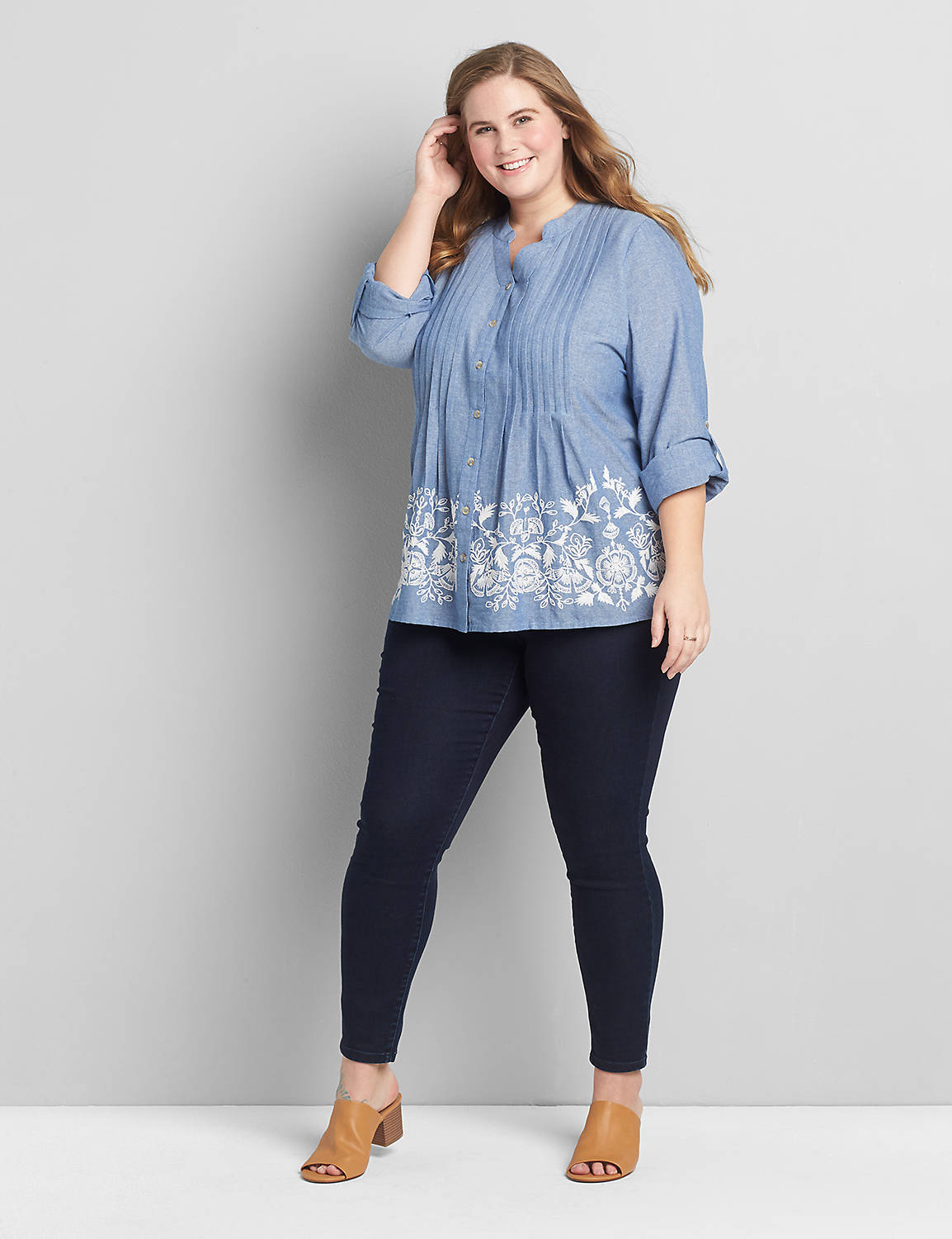 Long Sleeve Split Neck Button Front Embroidery Detail Blouse 1119390:Chambray:26/28 Product Image 3