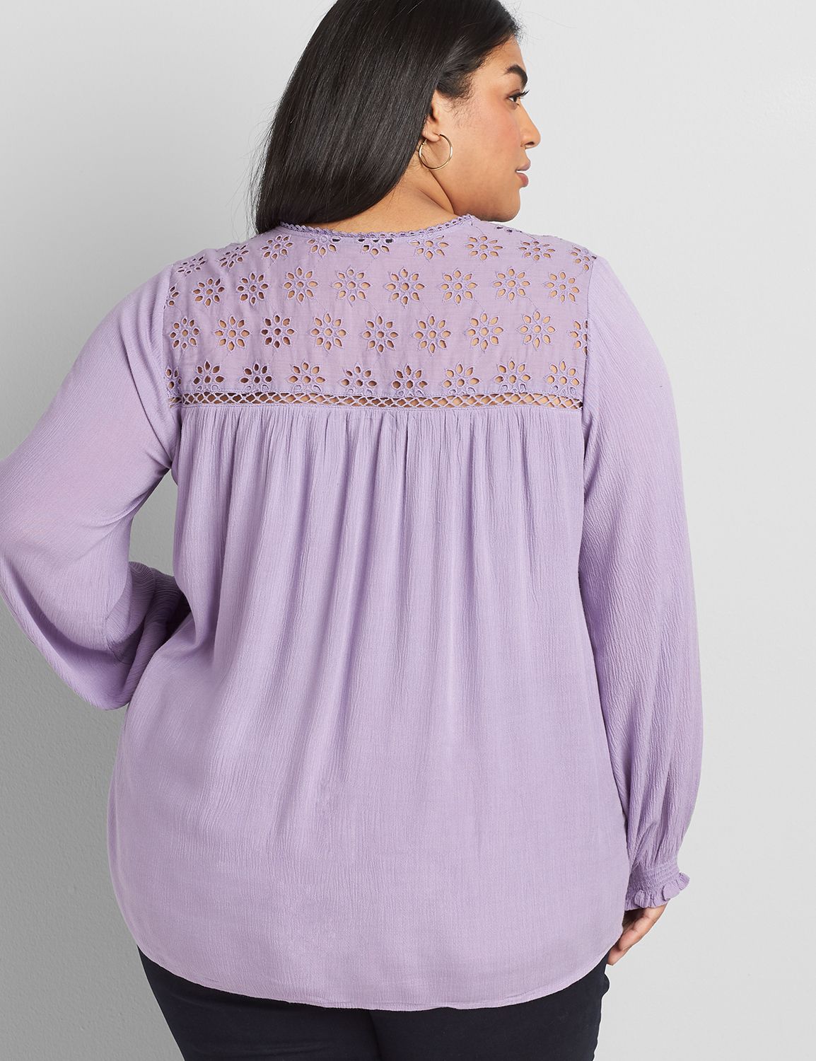 Long Sleeve Crew Neck Peasant With Crochet Bib Blouse 1119385:PANTONE Daybreak:22/24 Product Image 2