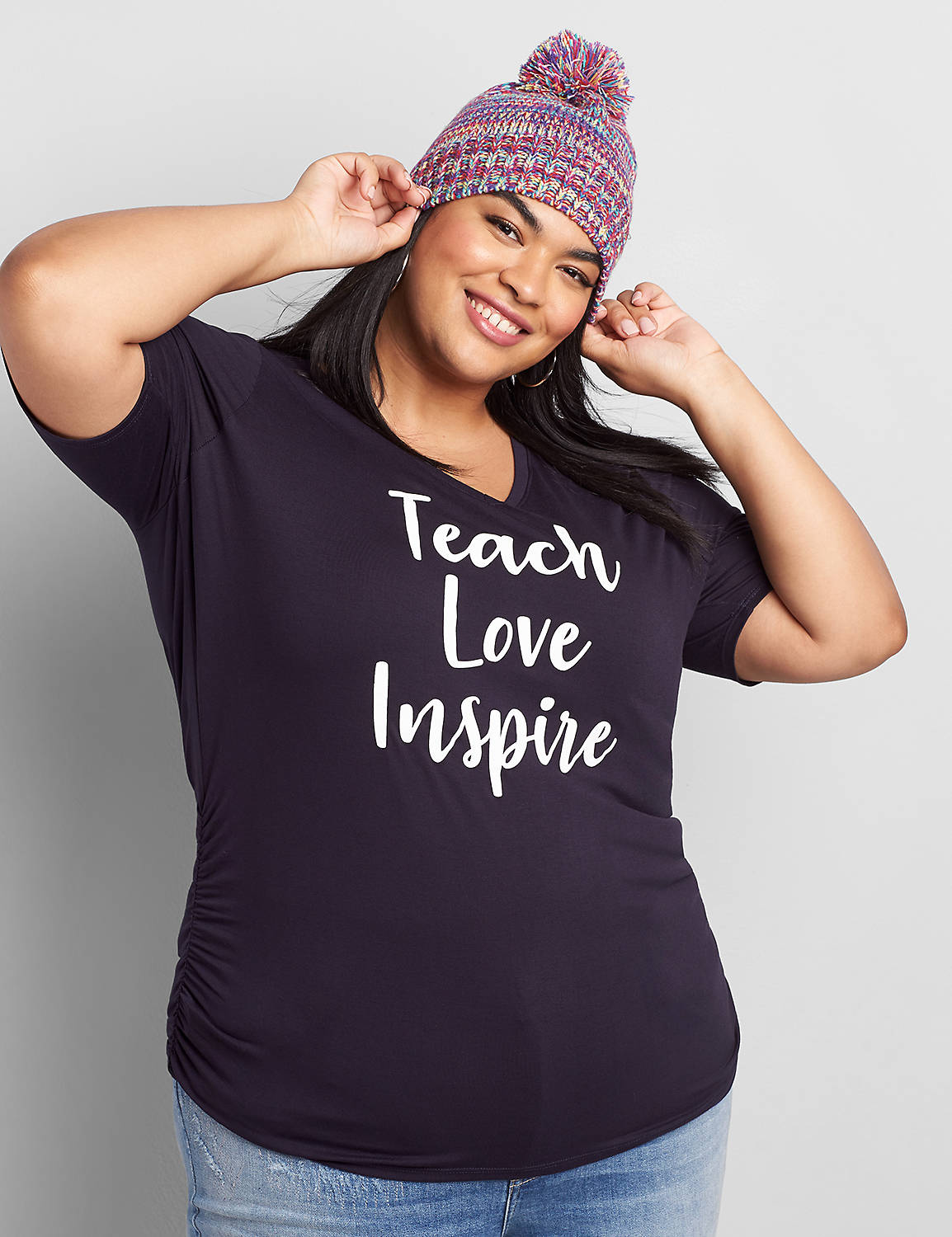 Perfect Sleeve VNeck Shirred Side Tee Graphic: Teach Love Inspire 1116336:PANTONE Night Sky:10/12 Product Image 1