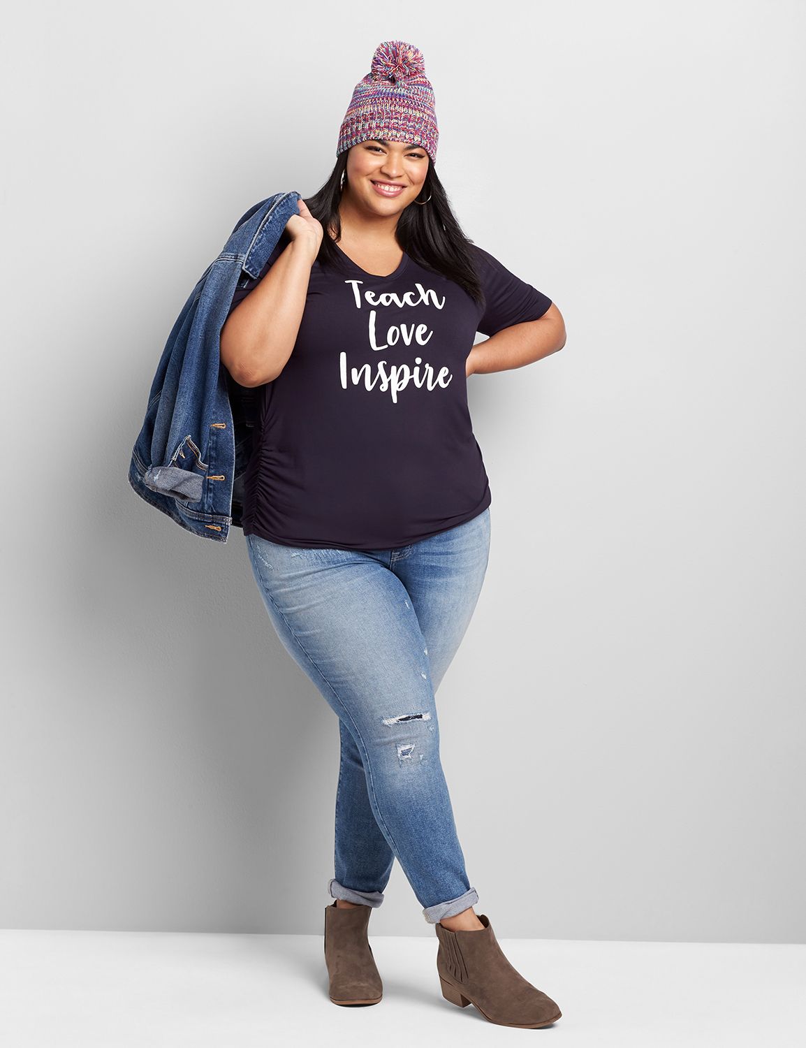 Perfect Sleeve VNeck Shirred Side Tee Graphic: Teach Love Inspire 1116336:PANTONE Night Sky:10/12 Product Image 3