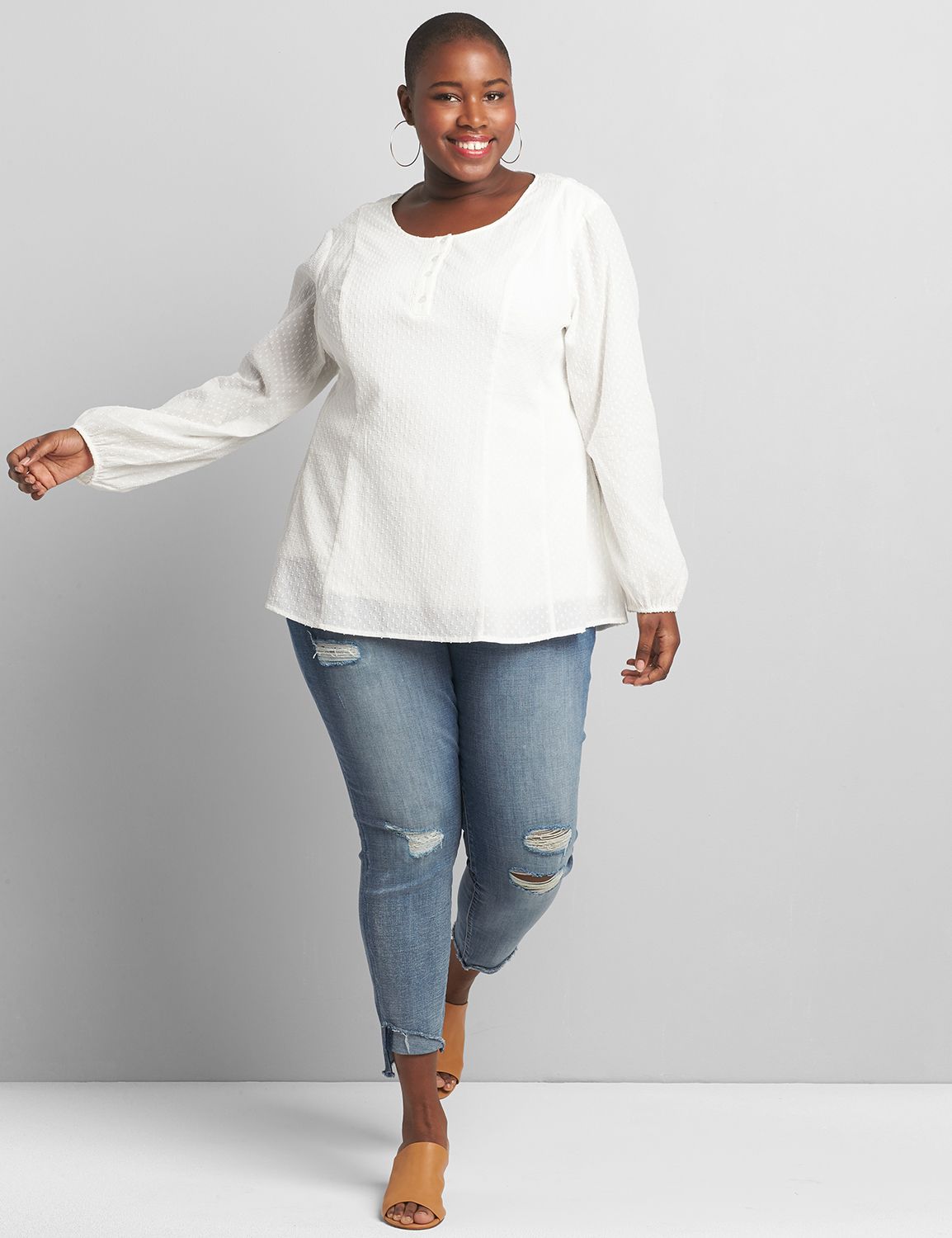 Long Sleeve Scoop Neck Button Front Fit and Flare Blouse Solids 1118421:Ivory Rose CSI 1200318:24 Product Image 3