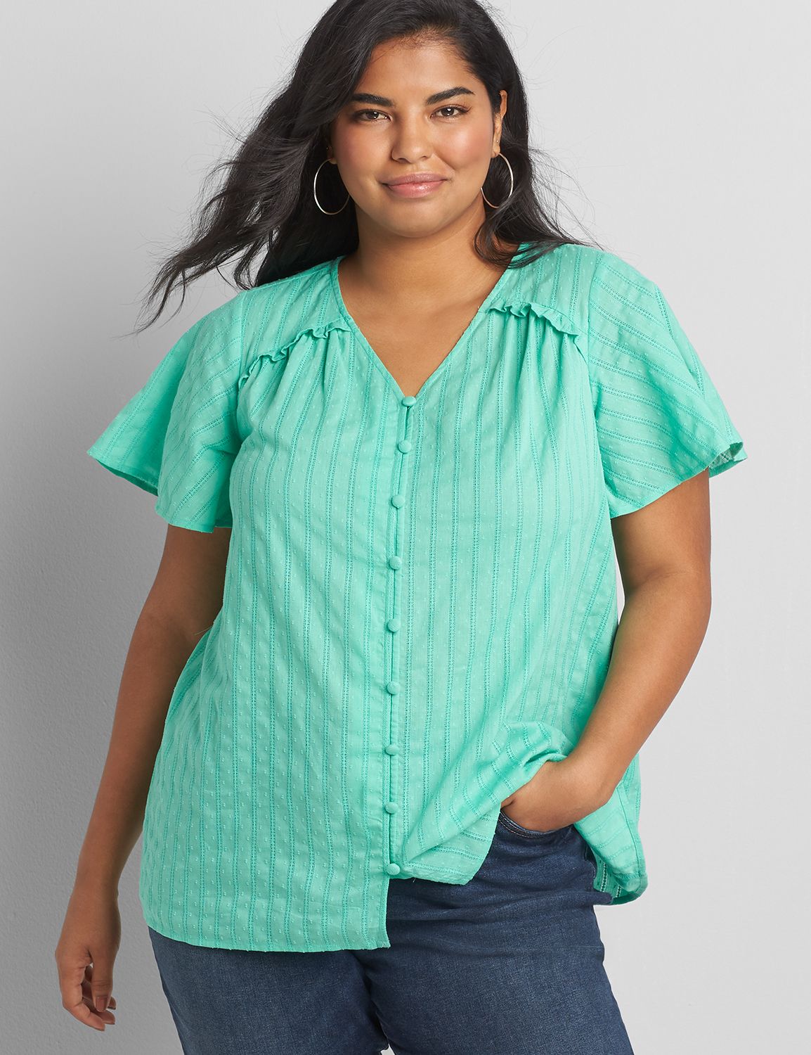 Short Sleeve Flutter Vneck Button Down Novelty Fabric 1118487:PANTONE Jade Cream:18 Product Image 1