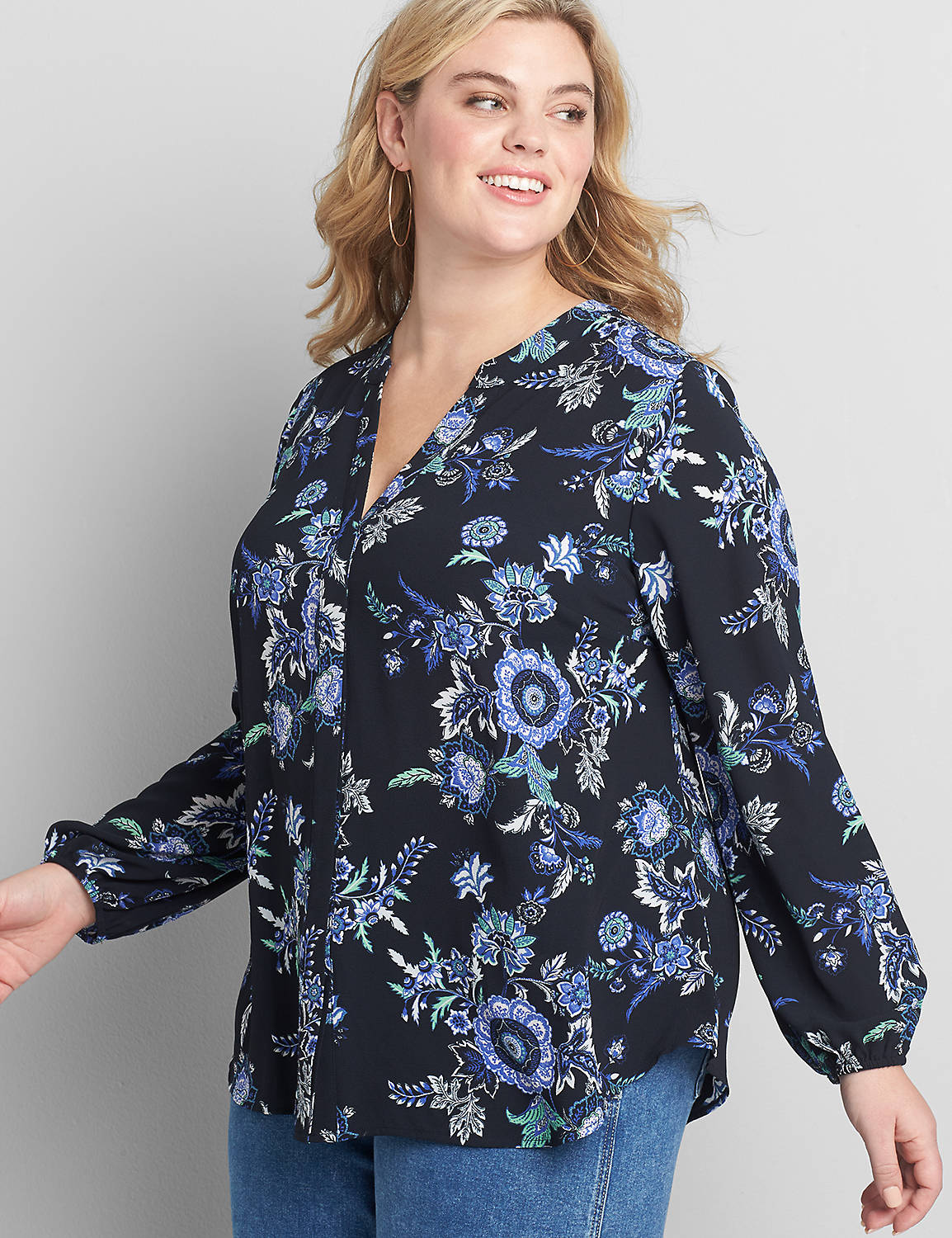 Notched-Neck Button-Front Blouse Product Image 1