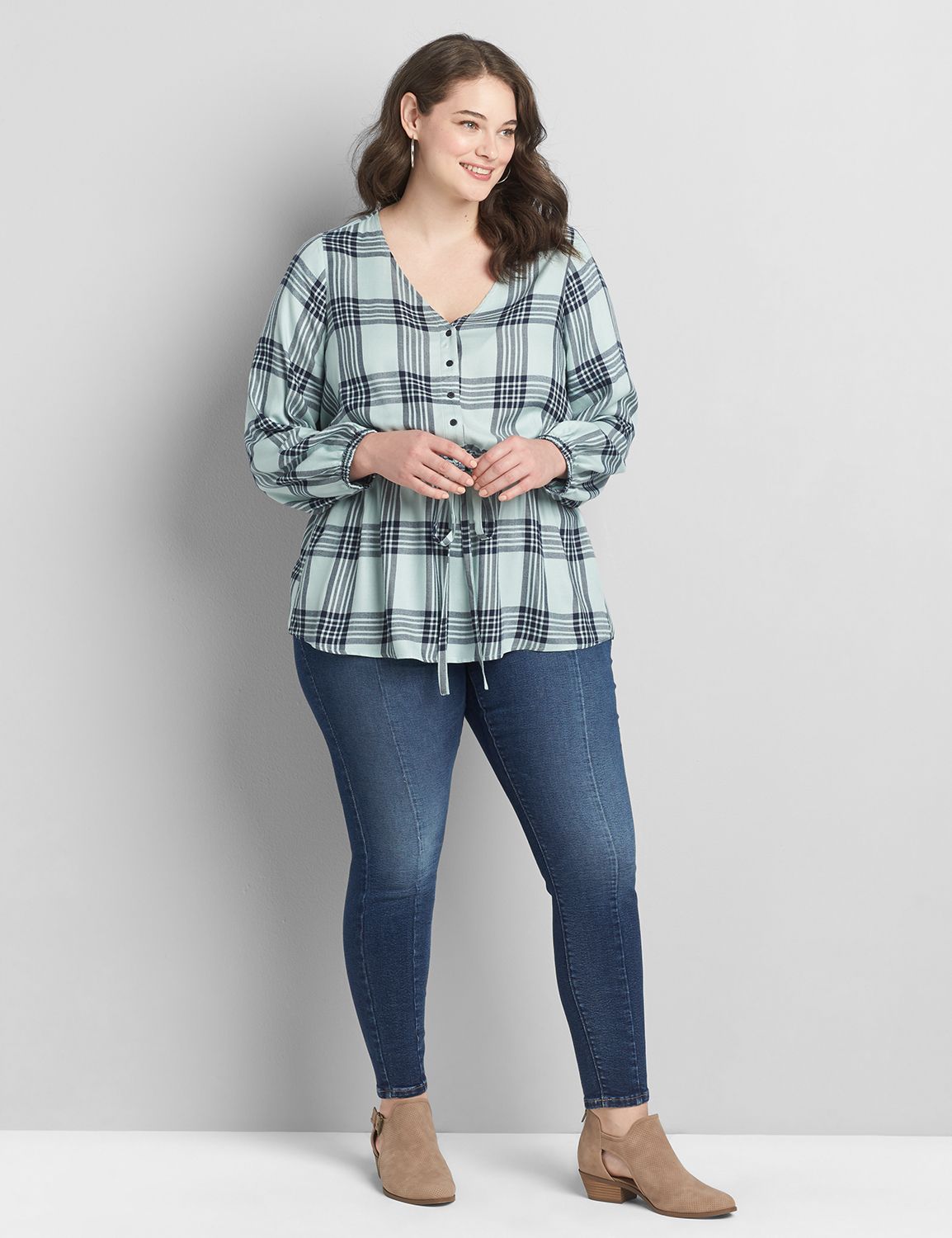 Plaid Button-Front Peplum Top Product Image 3