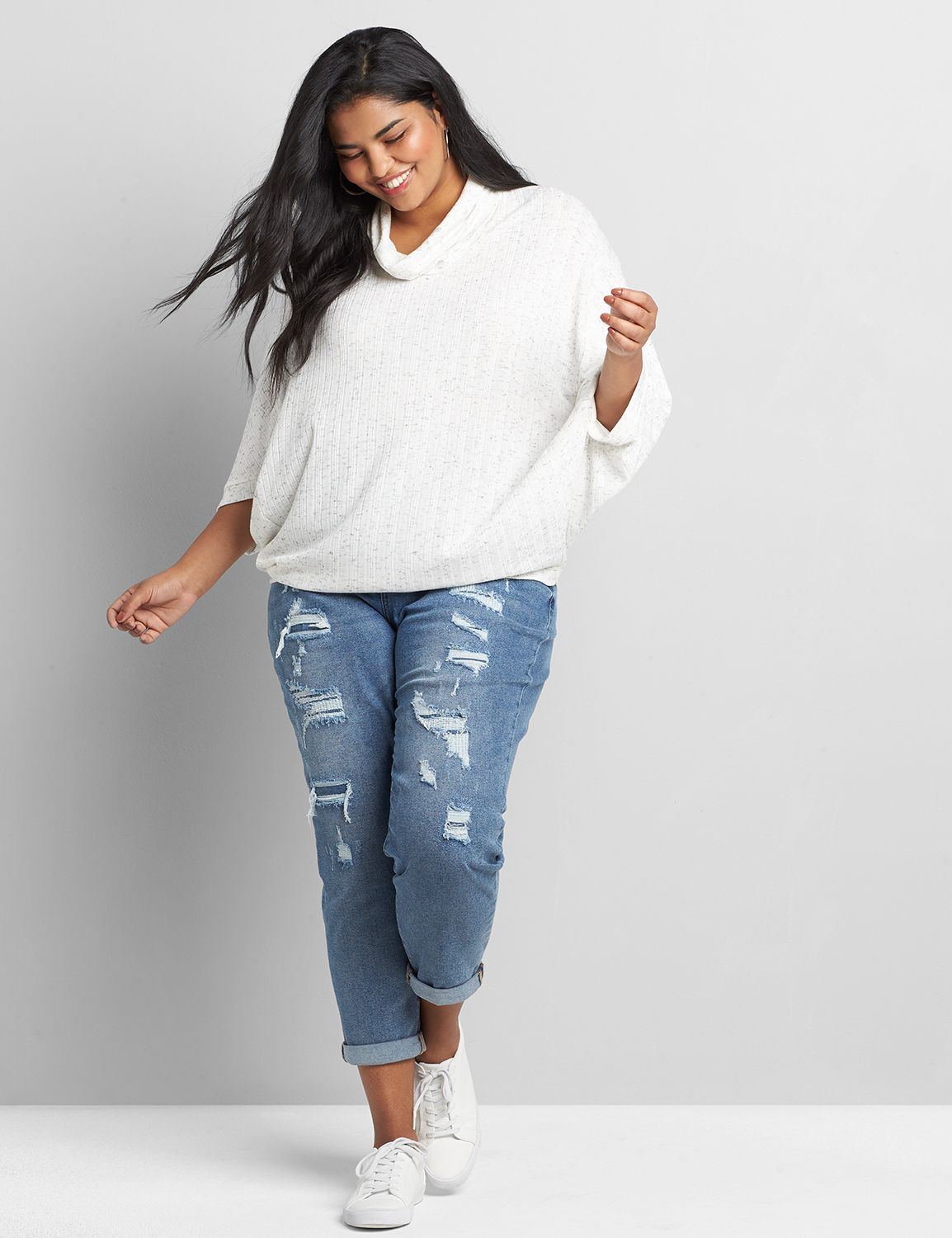 Long Sleeve Cowl Neck Poncho In Variegated Rib 1119493:AS SAMPLE:14/16 Product Image 3