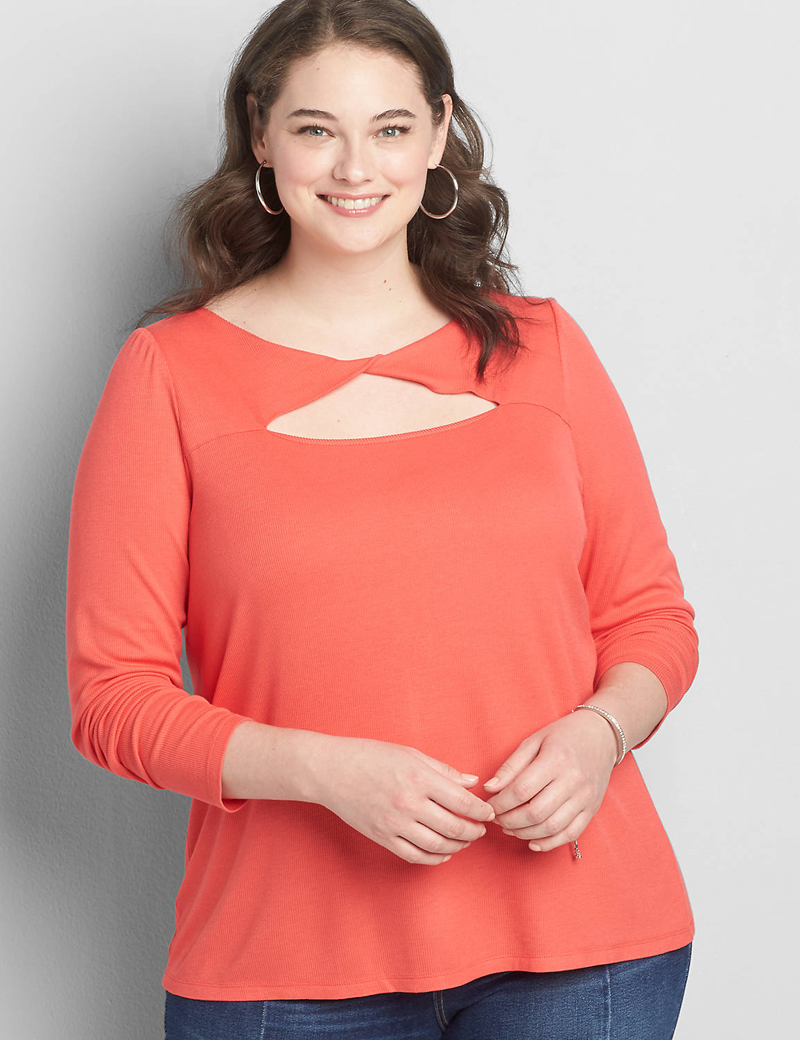 Long Sleeve Twist Neck Fitted Rib Top 1118539:Starfish Coral CSI 0301184:10/12 Product Image 1