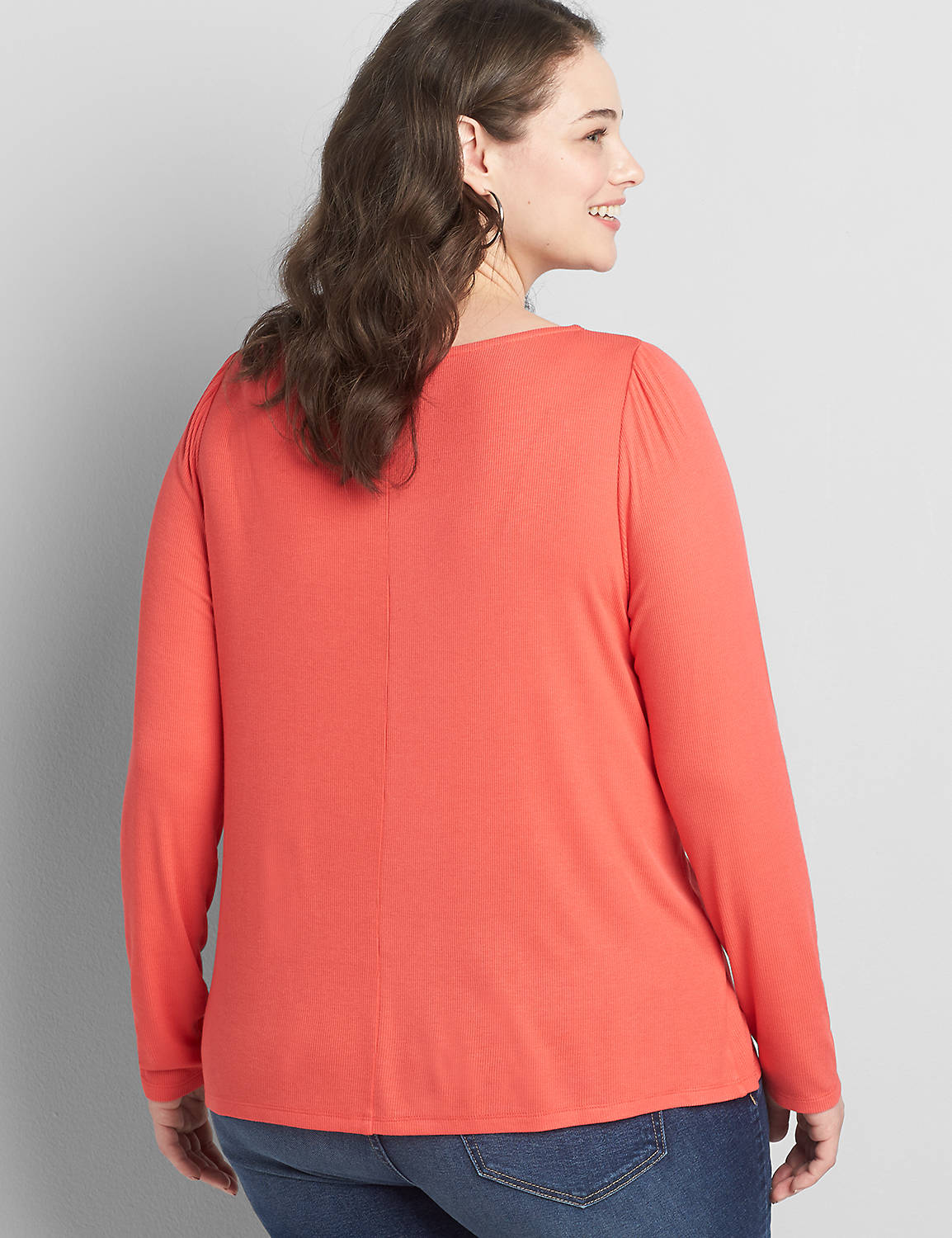 Long Sleeve Twist Neck Fitted Rib Top 1118539:Starfish Coral CSI 0301184:10/12 Product Image 2
