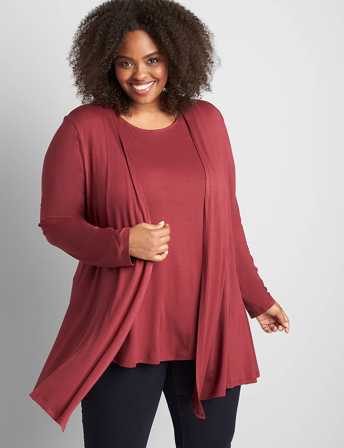 Long Sleeve Open Front Fit And Flare Overpiece 1123006:PANTONE Zinfandel:14/16 Product Image 1