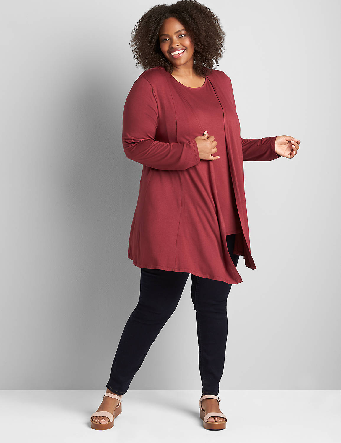 Long Sleeve Open Front Fit And Flare Overpiece 1123006:PANTONE Zinfandel:14/16 Product Image 3