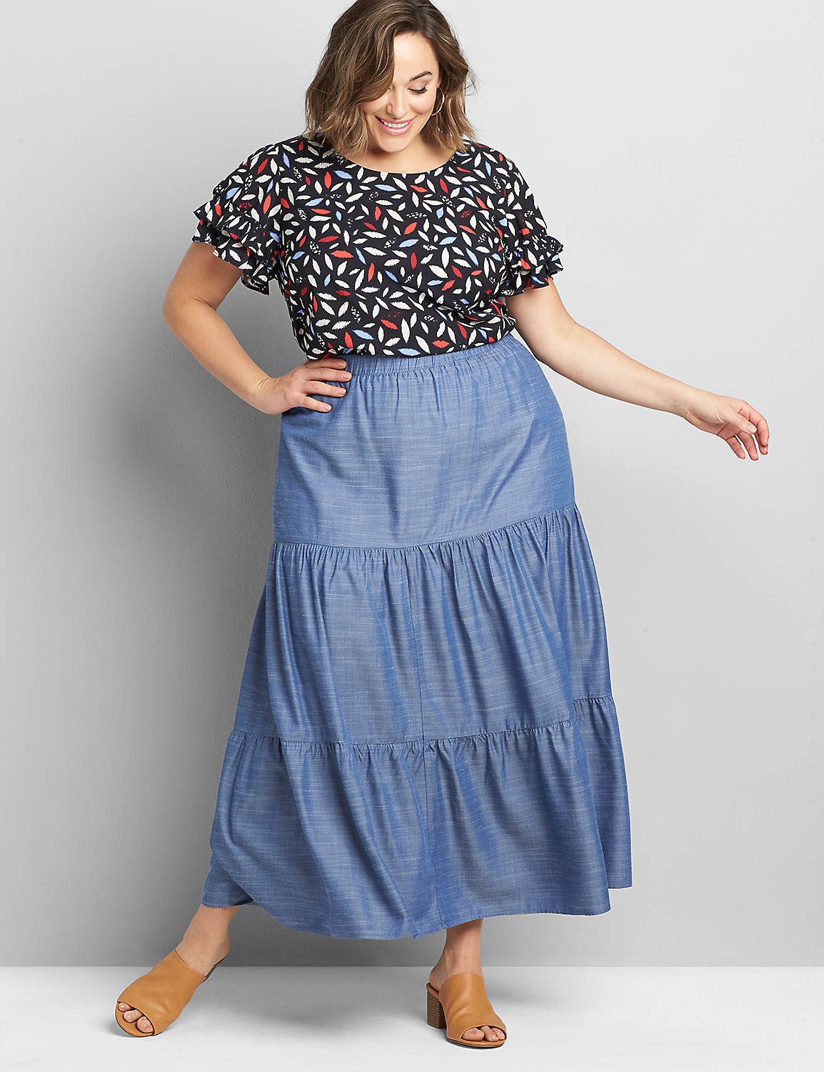 1118787 TIERED MAXI SKIRT (1118787):Chambray:14/16 Product Image 1