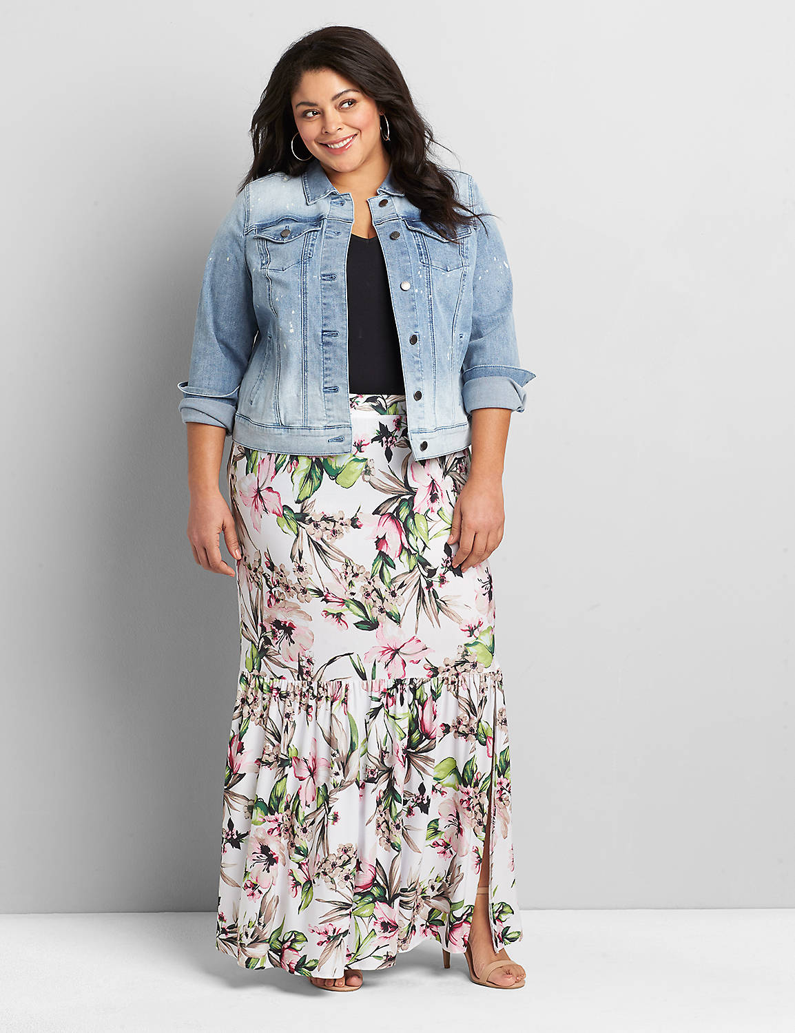 1119194 Pull-On Front Slit Midi Skirt 1119194:LBSP21182_OpenFloralTropical_C1:14/16 Product Image 1