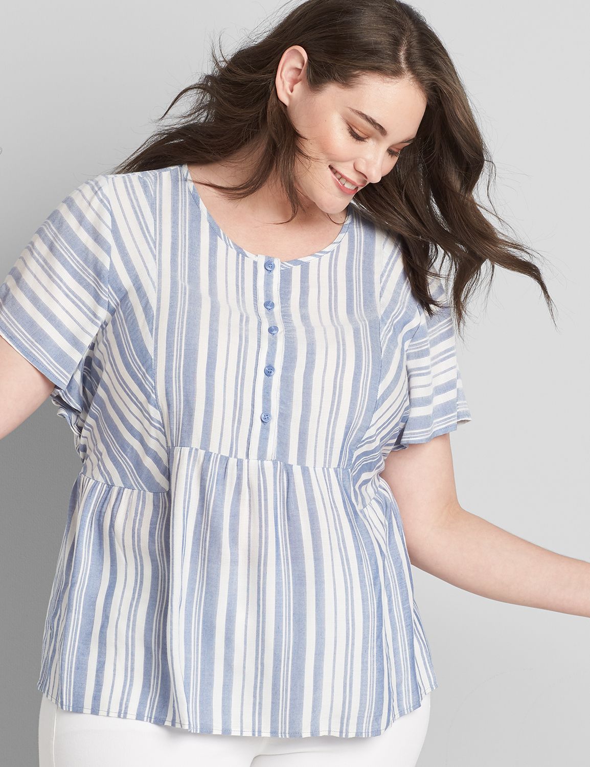 Short Sleeve Crew Neck Button Down Peplum 1119032:LBSP21310_BeachyStripe_VendorFabric:22 Product Image 1