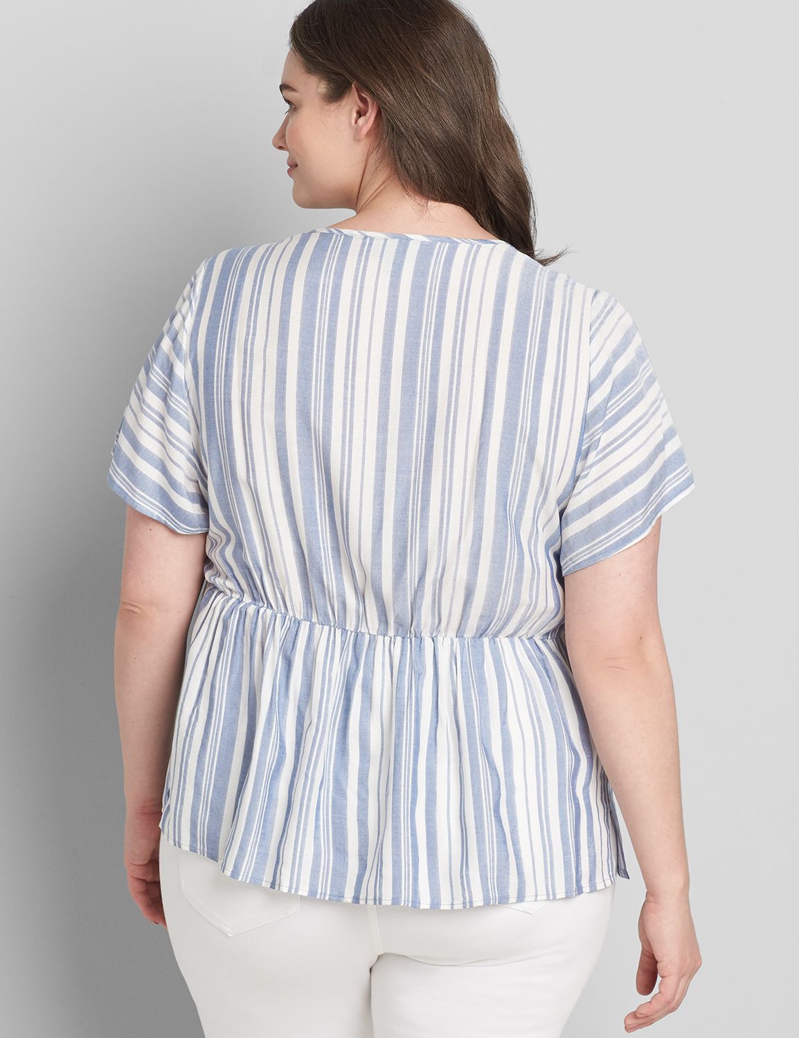 Short Sleeve Crew Neck Button Down Peplum 1119032:LBSP21310_BeachyStripe_VendorFabric:22 Product Image 2