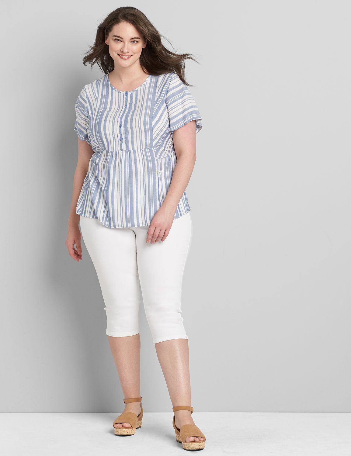 Short Sleeve Crew Neck Button Down Peplum 1119032:LBSP21310_BeachyStripe_VendorFabric:22 Product Image 3