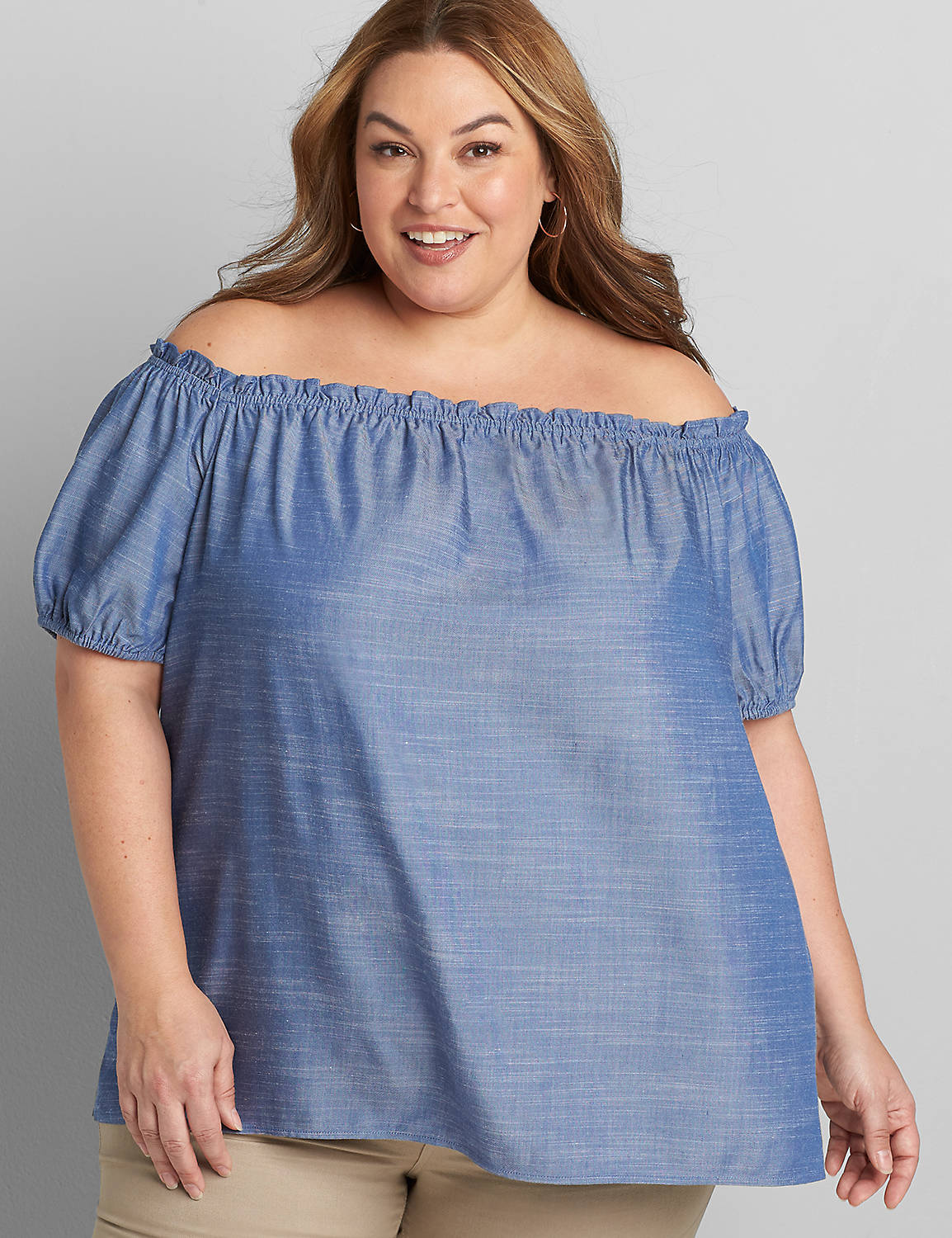 Short Puff Sleeve Off The Shoulder Chambray Top 1119589:Chambray:14/16 Product Image 1