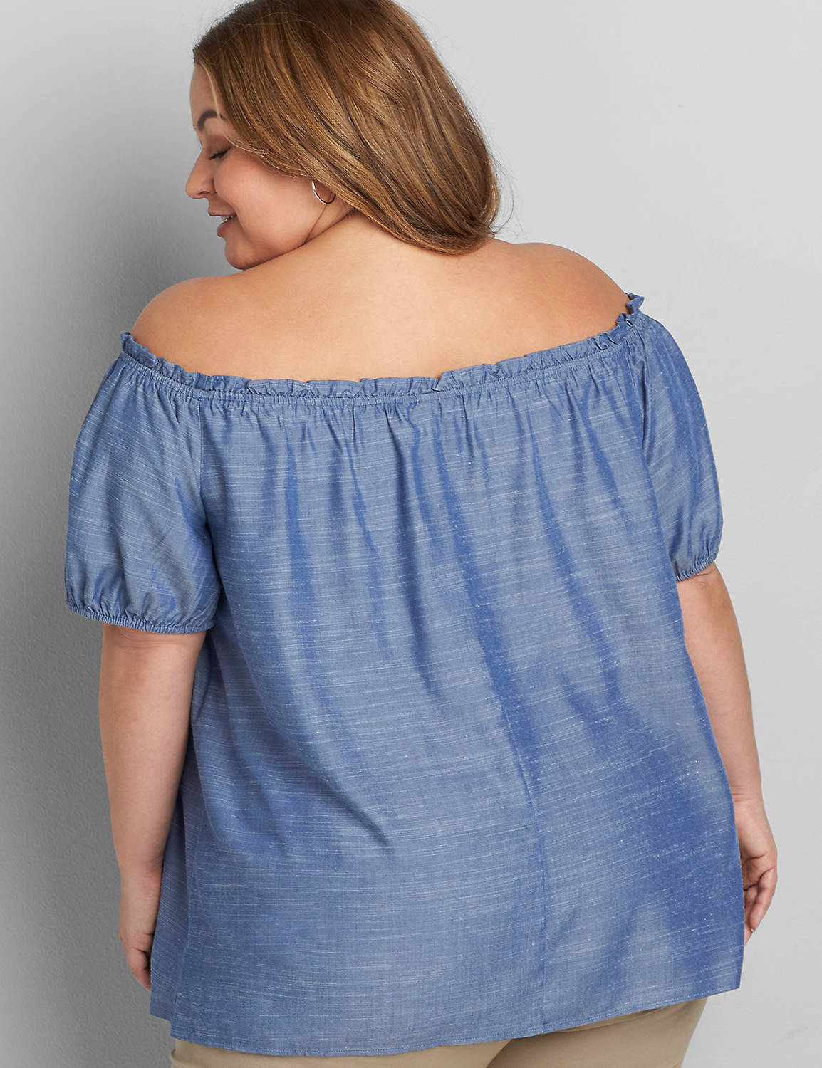 Short Puff Sleeve Off The Shoulder Chambray Top 1119589:Chambray:14/16 Product Image 2