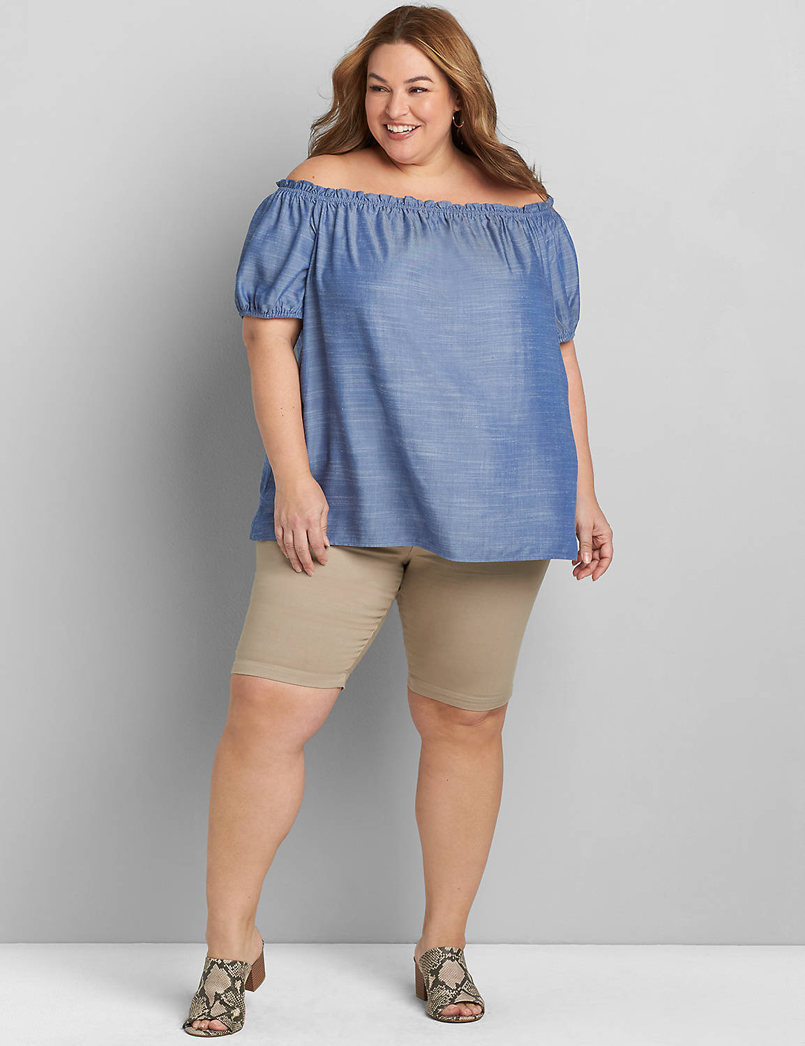 Short Puff Sleeve Off The Shoulder Chambray Top 1119589:Chambray:14/16 Product Image 3