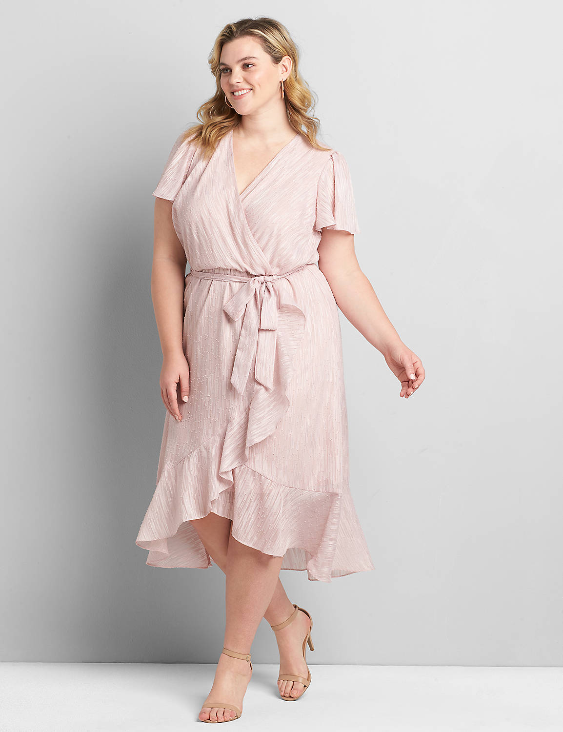 Short Flutter Sleeve Vneck Wrap Dress In Chiffon 1119442:Pink As Is:28 Product Image 1