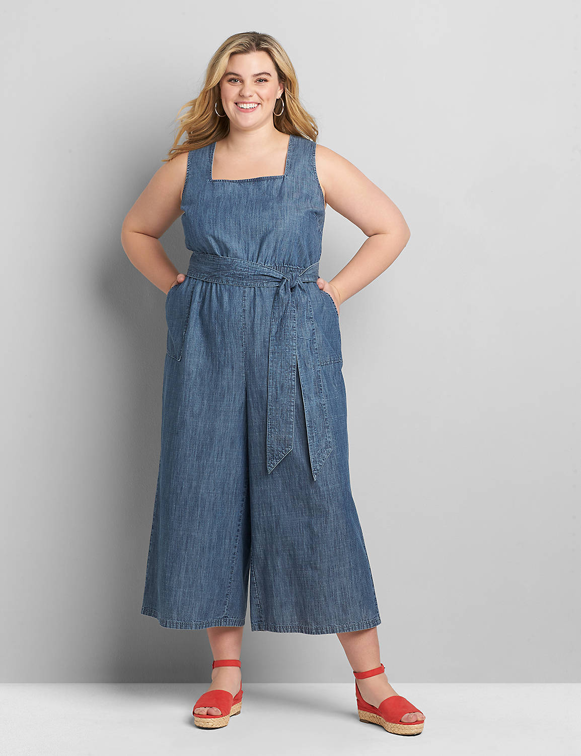 Chambray Square-Neck Jumpsuit Product Image 1
