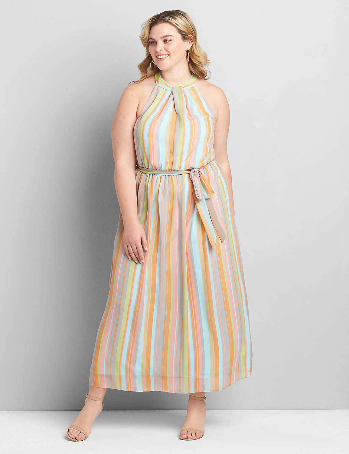 Halter Neck Striped Maxi Chiffon Dress 1119433:Stripe As Sample:24 Product Image 1