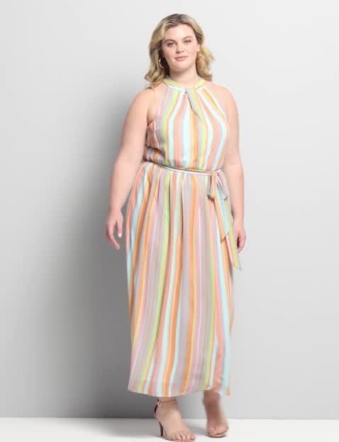 Halter Neck Striped Maxi Chiffon Dress 1119433:Stripe As Sample:24 image number 0