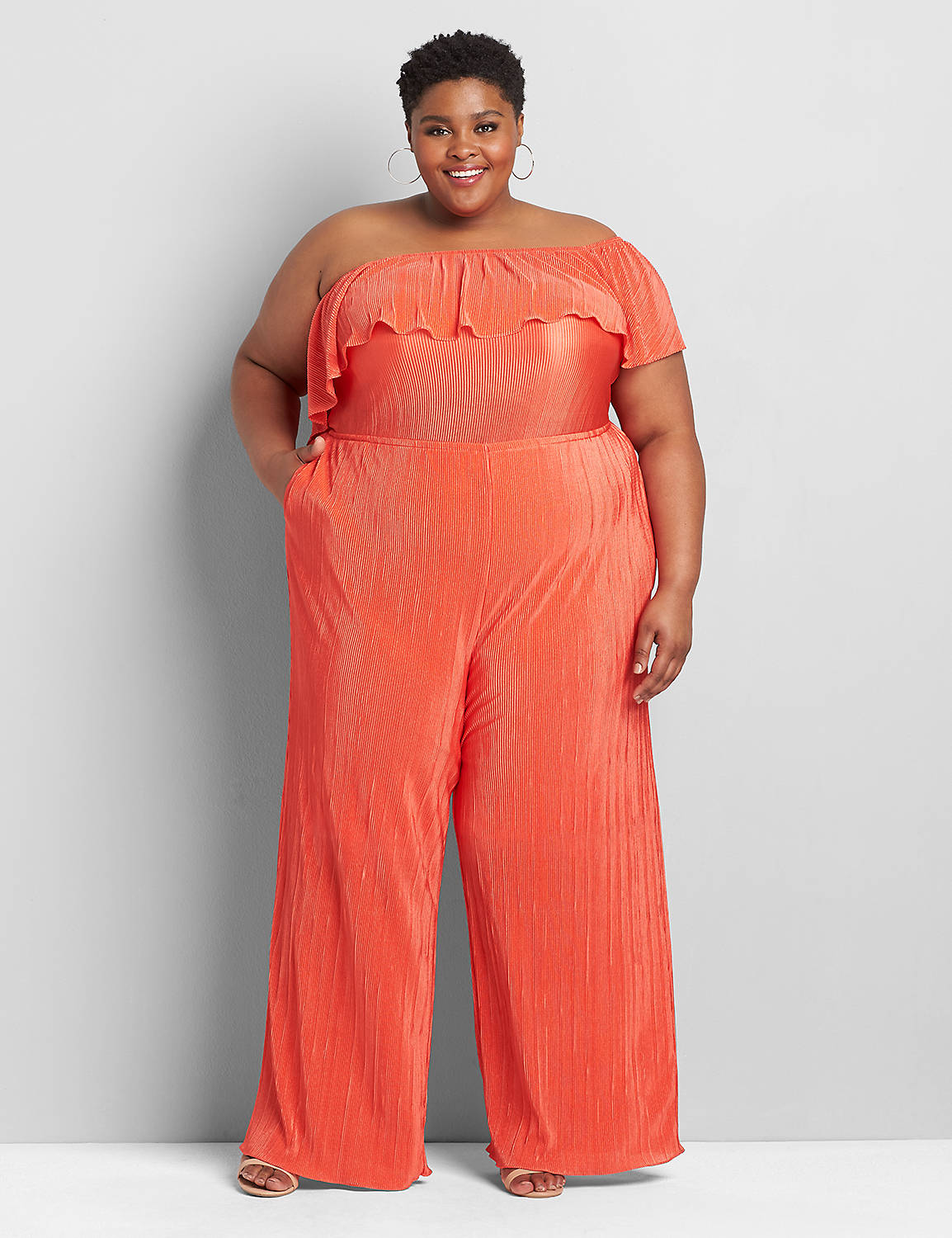 4 Way Off The Shoulder Micro Pleated Jumpsuit 1118579:Starfish Coral CSI 0301184:14/16 Product Image 4