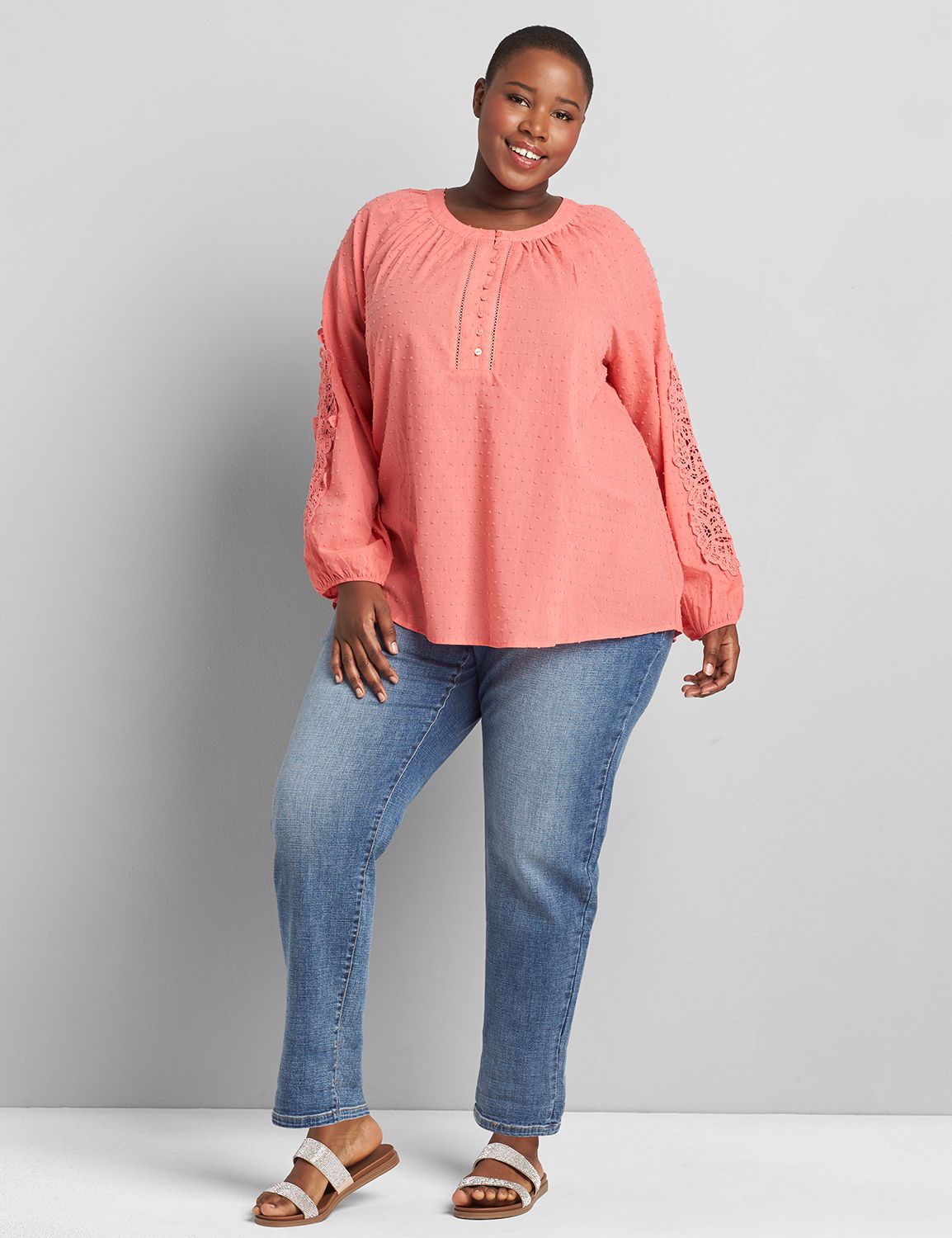 Embroidered Clip-Dot Peasant Top