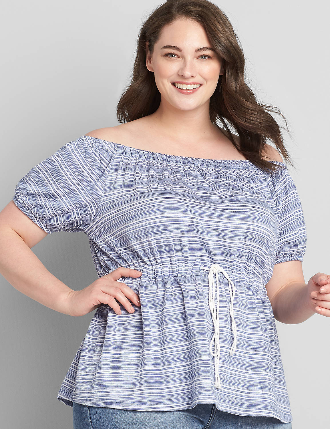 Striped Convertible Off-The-Shoulder Peplum Top Product Image 1