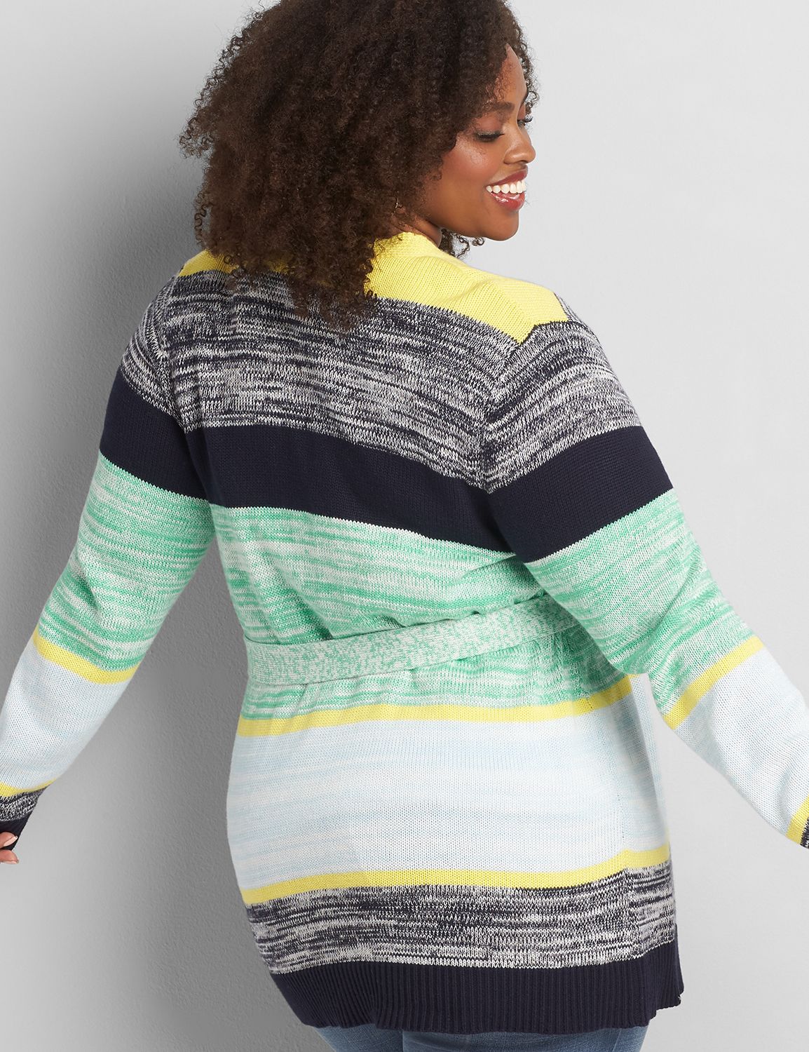 Long Sleeve Clean Front Cardigan with Tie and Colorblock 1118484:Multi:14/16 Product Image 2