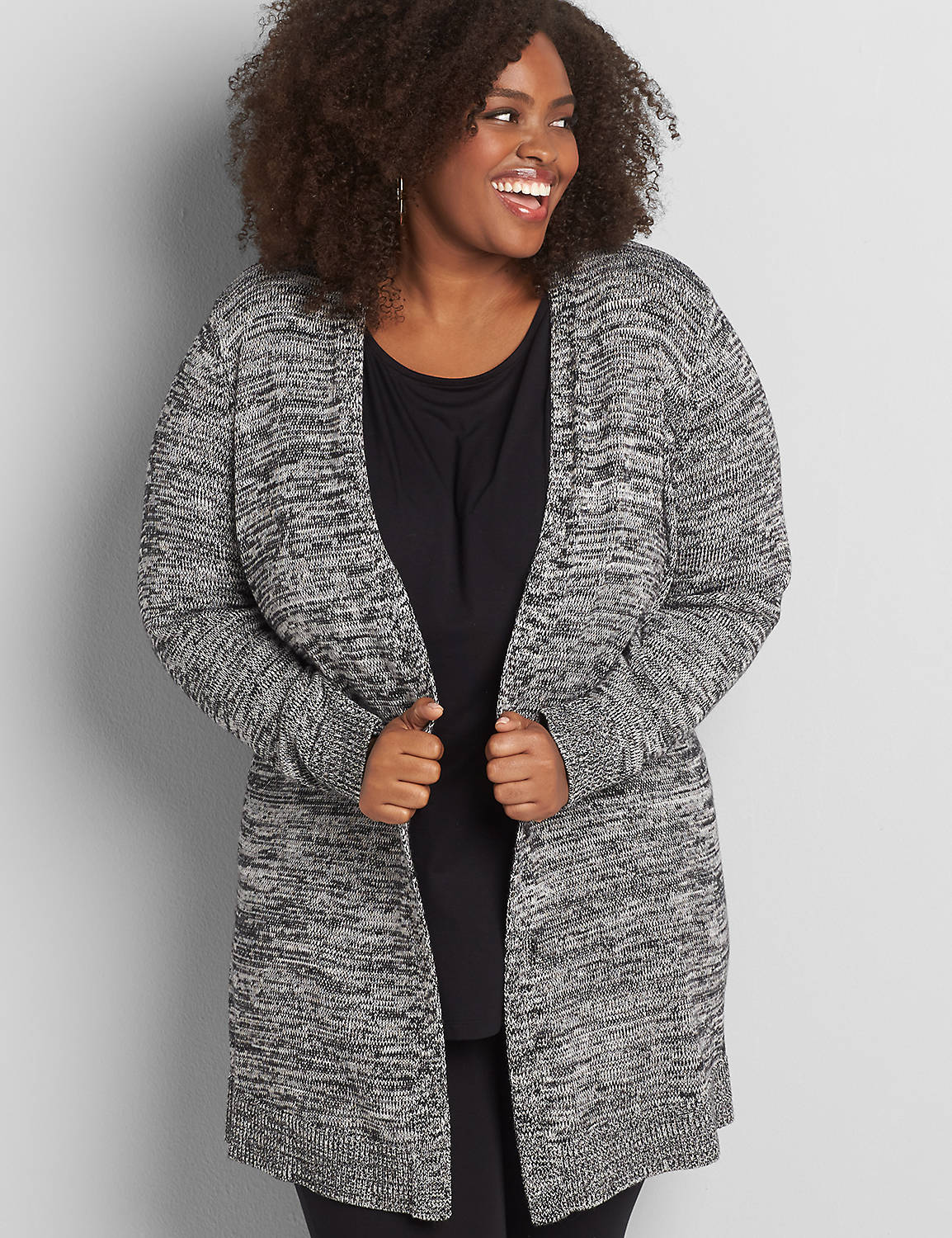 Long Sleeve Clean Front Cardigan with Marl 1118445:Ascena Black:26/28 Product Image 1