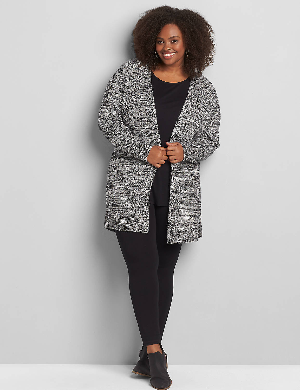Long Sleeve Clean Front Cardigan with Marl 1118445:Ascena Black:26/28 Product Image 3