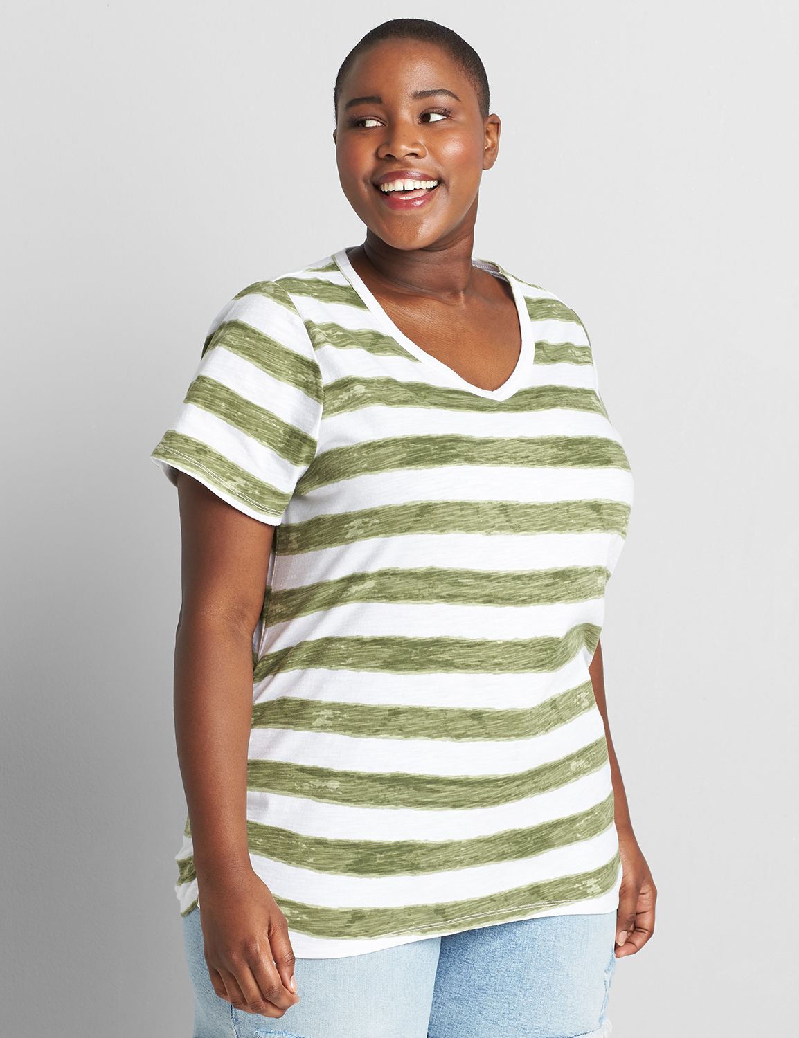 Short Sleeve V neck Side Ruched Tee 1118486 Copy of 1108460:LBPS20184_PastelStripe_colorway2:22/24 Product Image 1