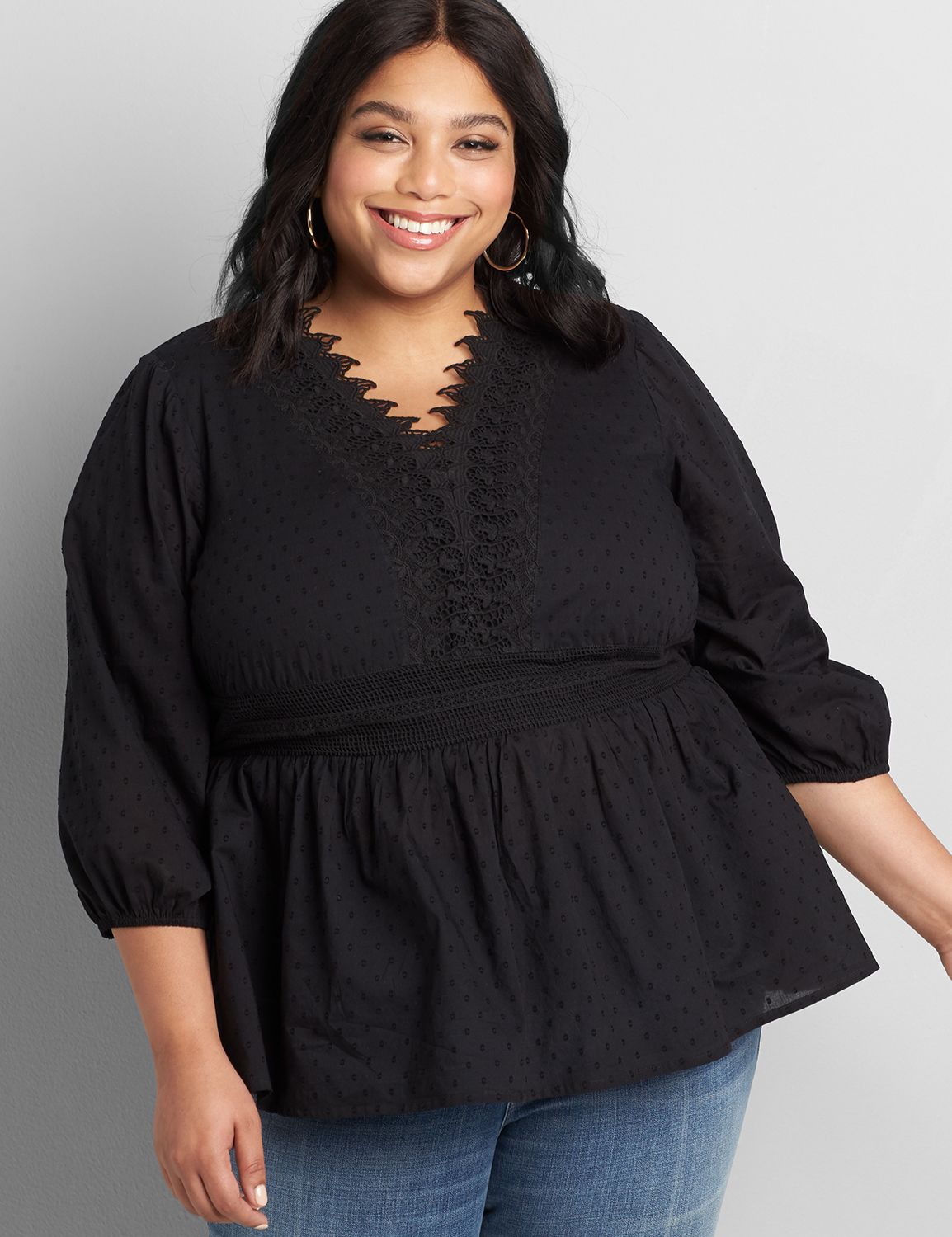 Textured Lace-Trim Peplum Top | Lane Bryant