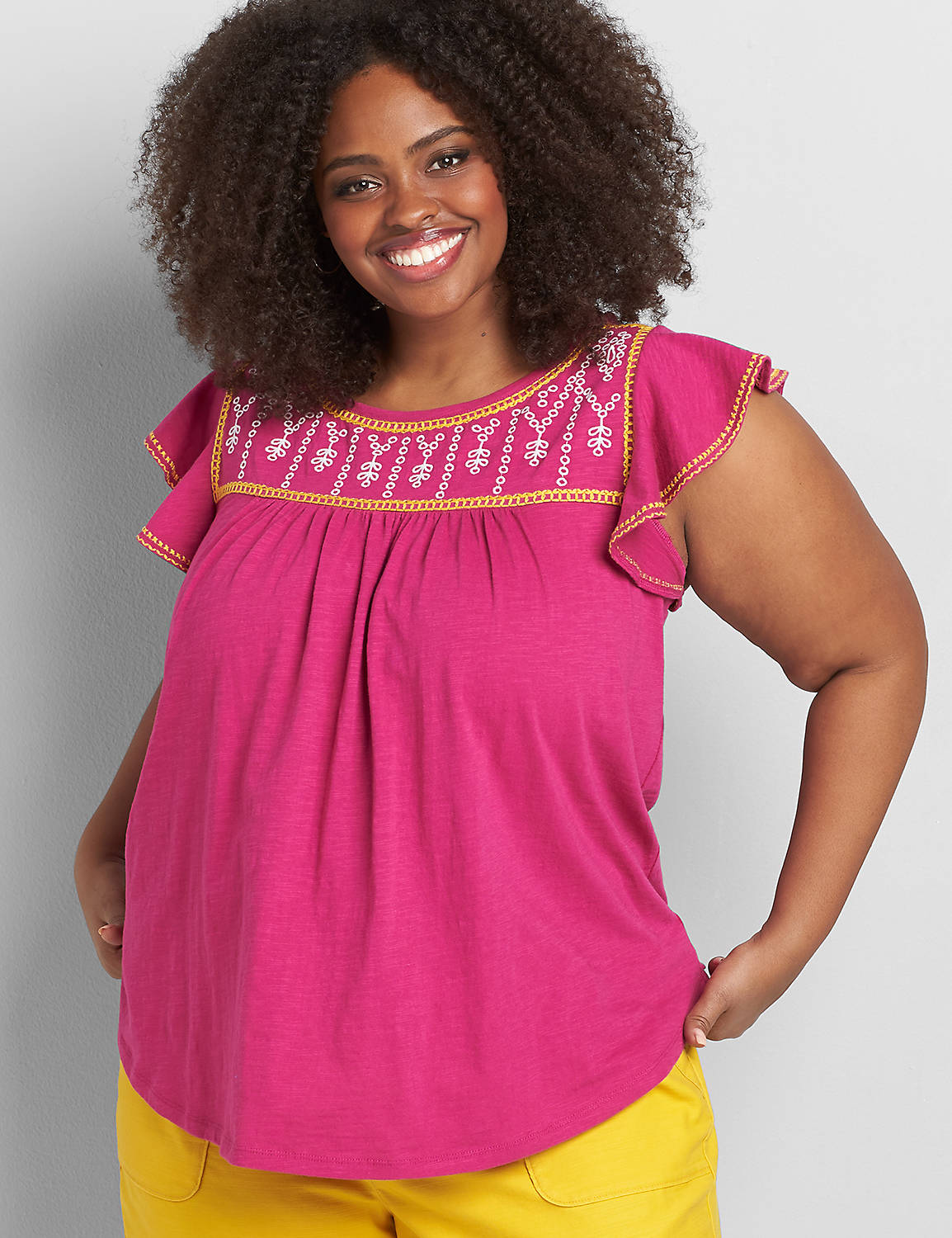 Short Flutter Sleeve Embroidered Swing Top 1119716:PANTONE Festival Fuchsia:18/20 Product Image 1