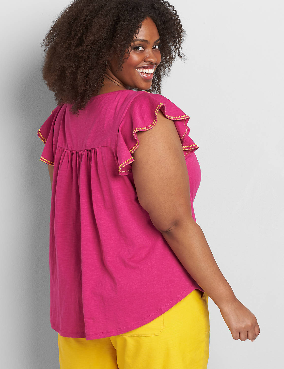 Short Flutter Sleeve Embroidered Swing Top 1119716:PANTONE Festival Fuchsia:18/20 Product Image 2