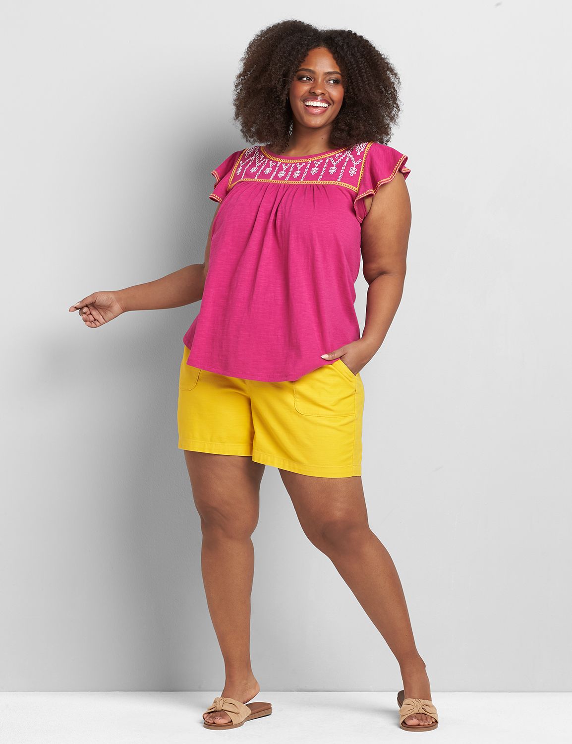 Short Flutter Sleeve Embroidered Swing Top 1119716:PANTONE Festival Fuchsia:18/20 Product Image 3