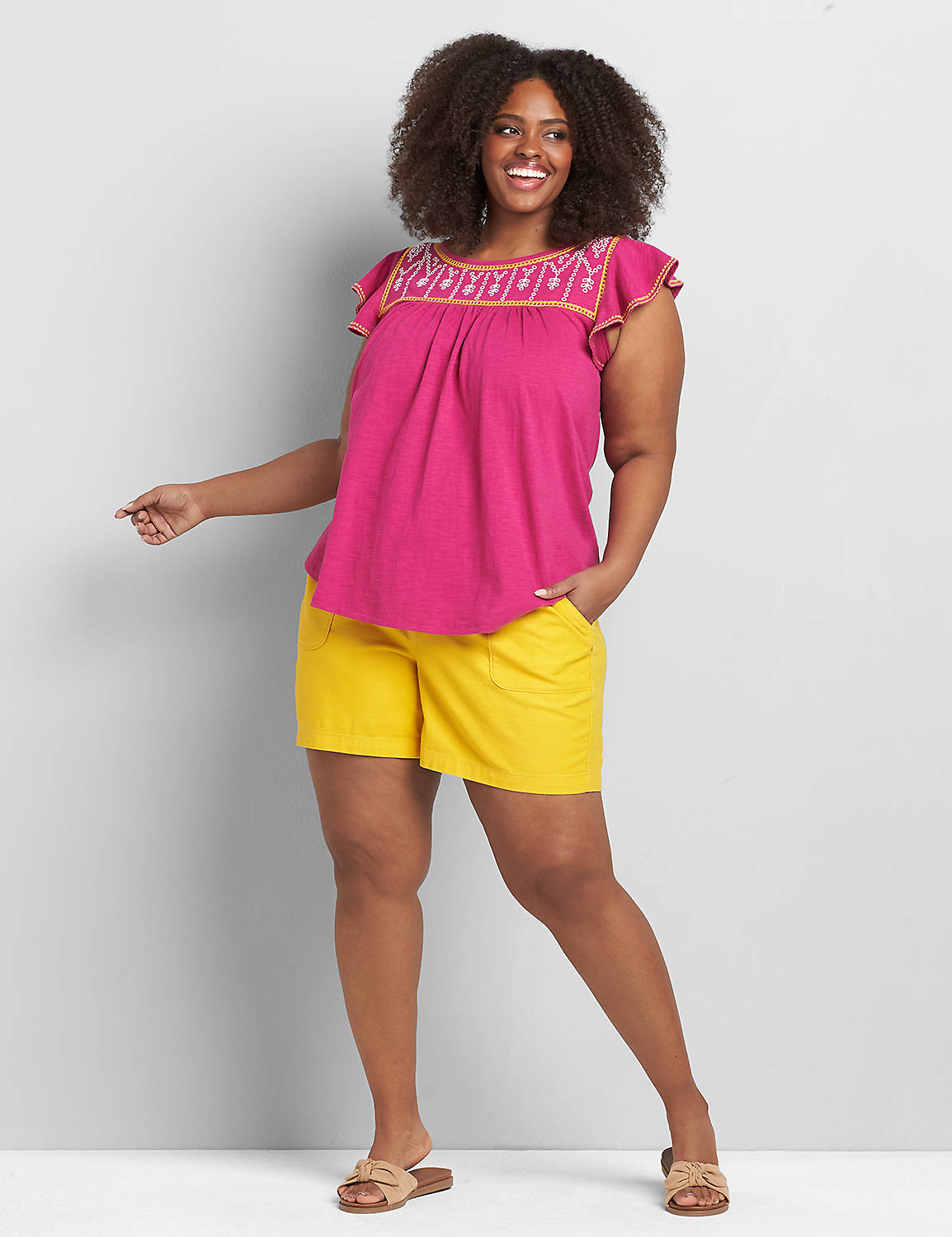 Short Flutter Sleeve Embroidered Swing Top 1119716:PANTONE Festival Fuchsia:18/20 Product Image 3