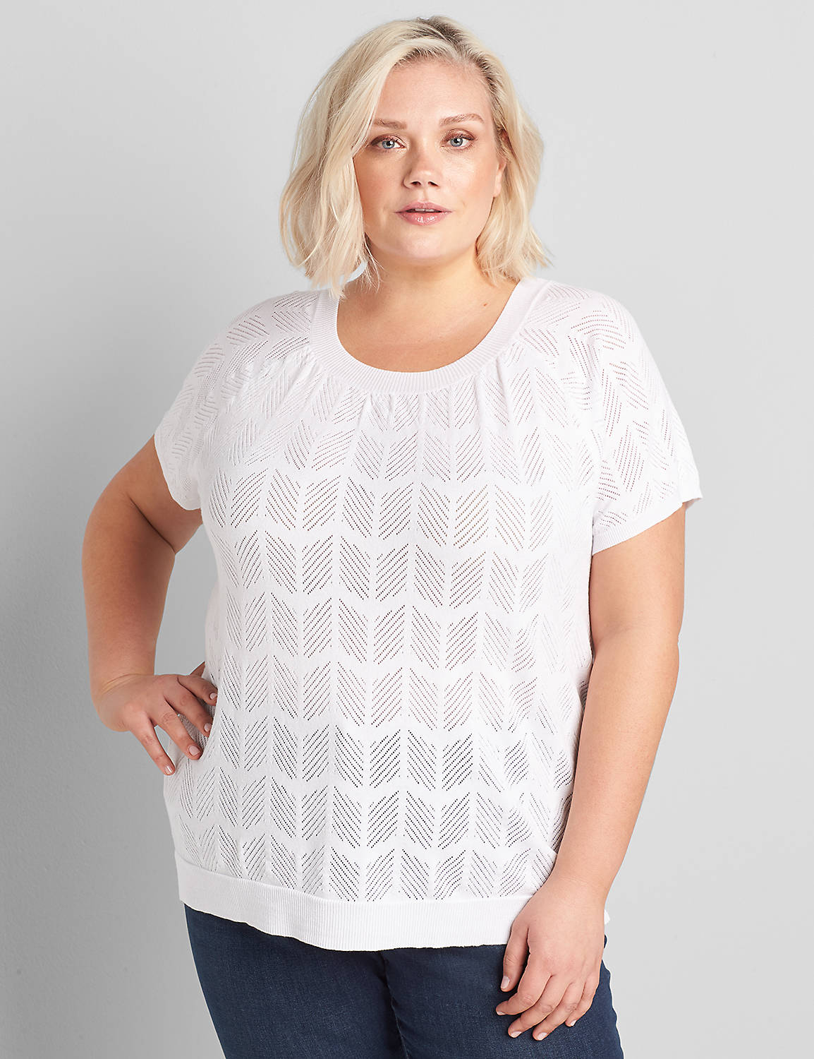 Short Sleeve Scoop Neck Raglan Pullover with Texture Stitch 1118946:Ascena White:18/20 Product Image 1