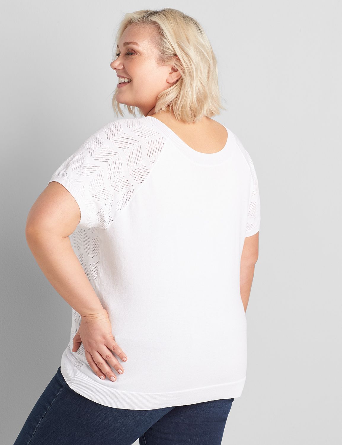 Short Sleeve Scoop Neck Raglan Pullover with Texture Stitch 1118946:Ascena White:18/20 Product Image 2