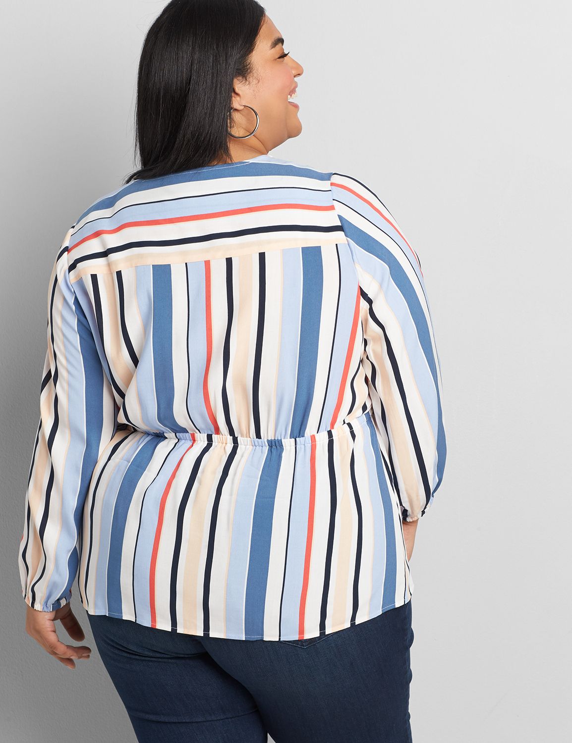 Long Sleeve Vneck Button Front Peplum Blouse 1119592:LBSP21217B_VerticalEcstaticStripe_colorway1:38/40 Product Image 2