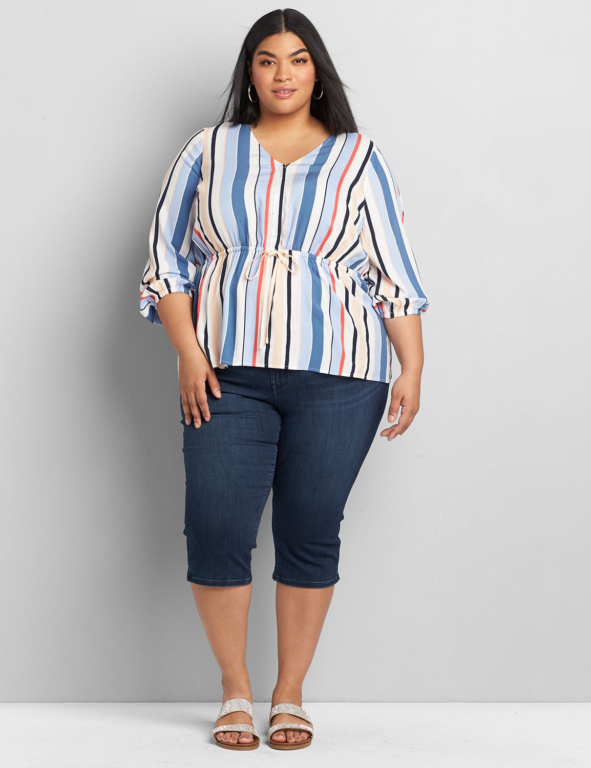 Long Sleeve Vneck Button Front Peplum Blouse 1119592:LBSP21217B_VerticalEcstaticStripe_colorway1:38/40 Product Image 3