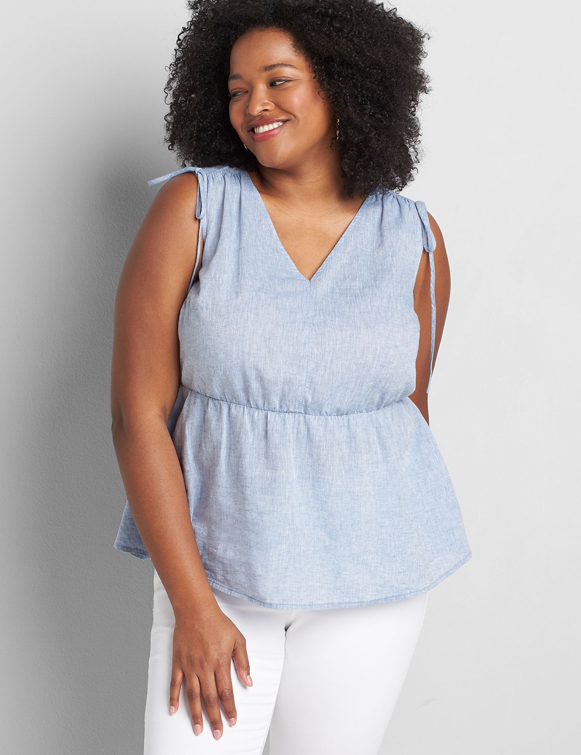 Sleeveless Vneck Shoulder Detail Top Solids 1119913:PANTONE Moonlight Blue:26/28 Product Image 1