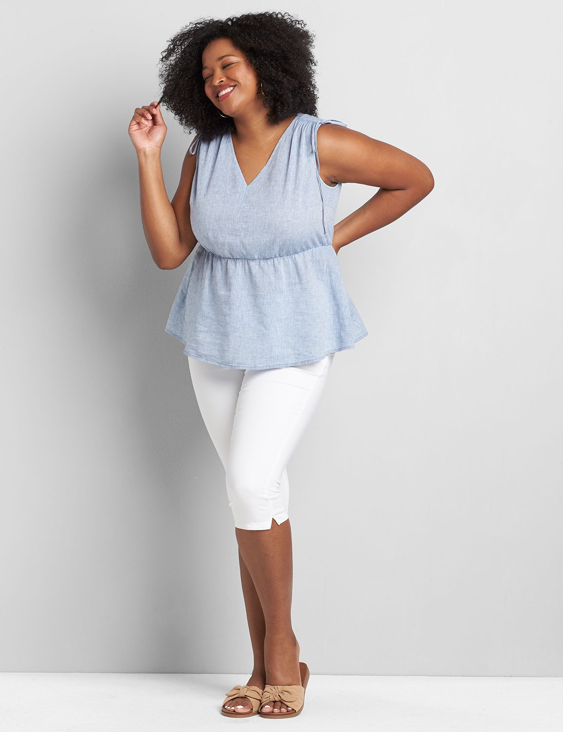 Sleeveless Vneck Shoulder Detail Top Solids 1119913:PANTONE Moonlight Blue:26/28 Product Image 3