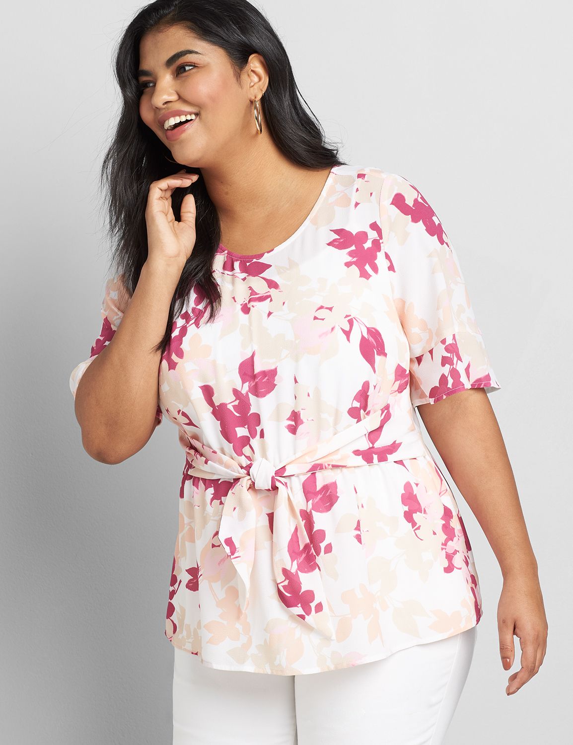 3/4 Ruffle Sleeve Crew Neck Belted Front Top 1119068:LBF20228_OverlappedSilhouetteLeaf_C3:28 Product Image 1