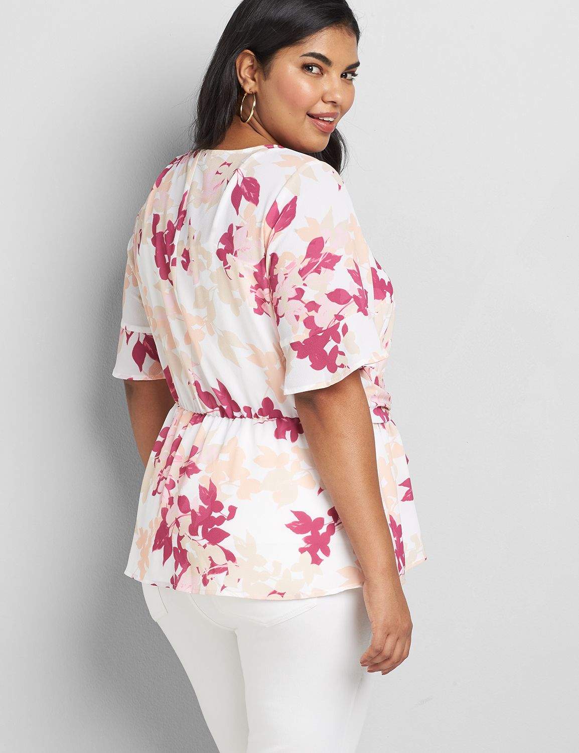 3/4 Ruffle Sleeve Crew Neck Belted Front Top 1119068:LBF20228_OverlappedSilhouetteLeaf_C3:28 Product Image 2